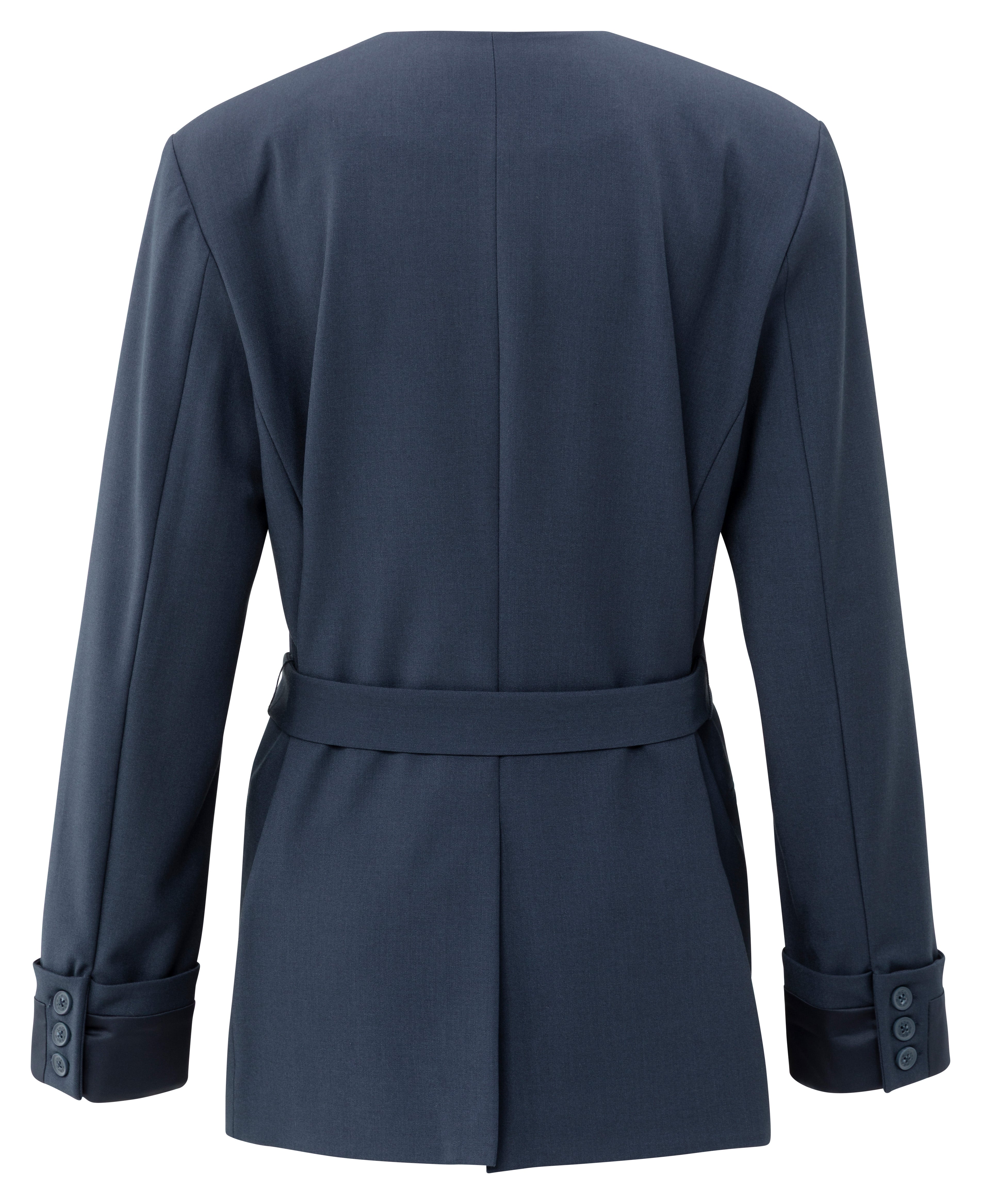 YAYA collegiate blue belted blazer with wrap front and folded cuffs