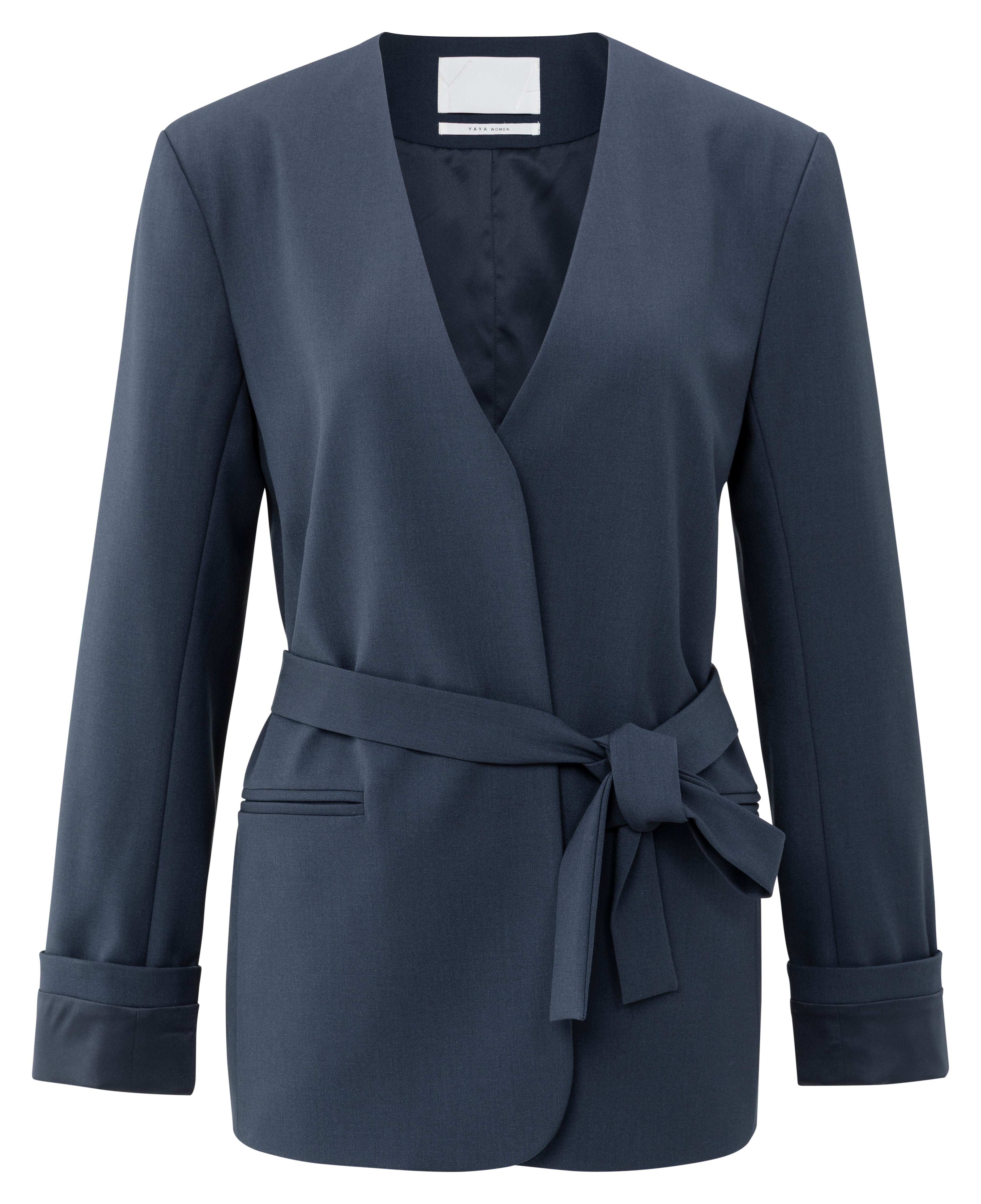 YAYA collegiate blue belted blazer with wrap front and folded cuffs