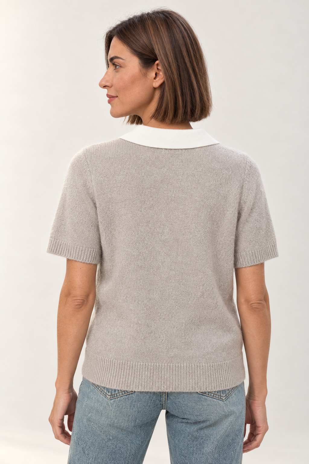 YAYA Collared Short Sleeve Knit in Mist Green worn by model, back view