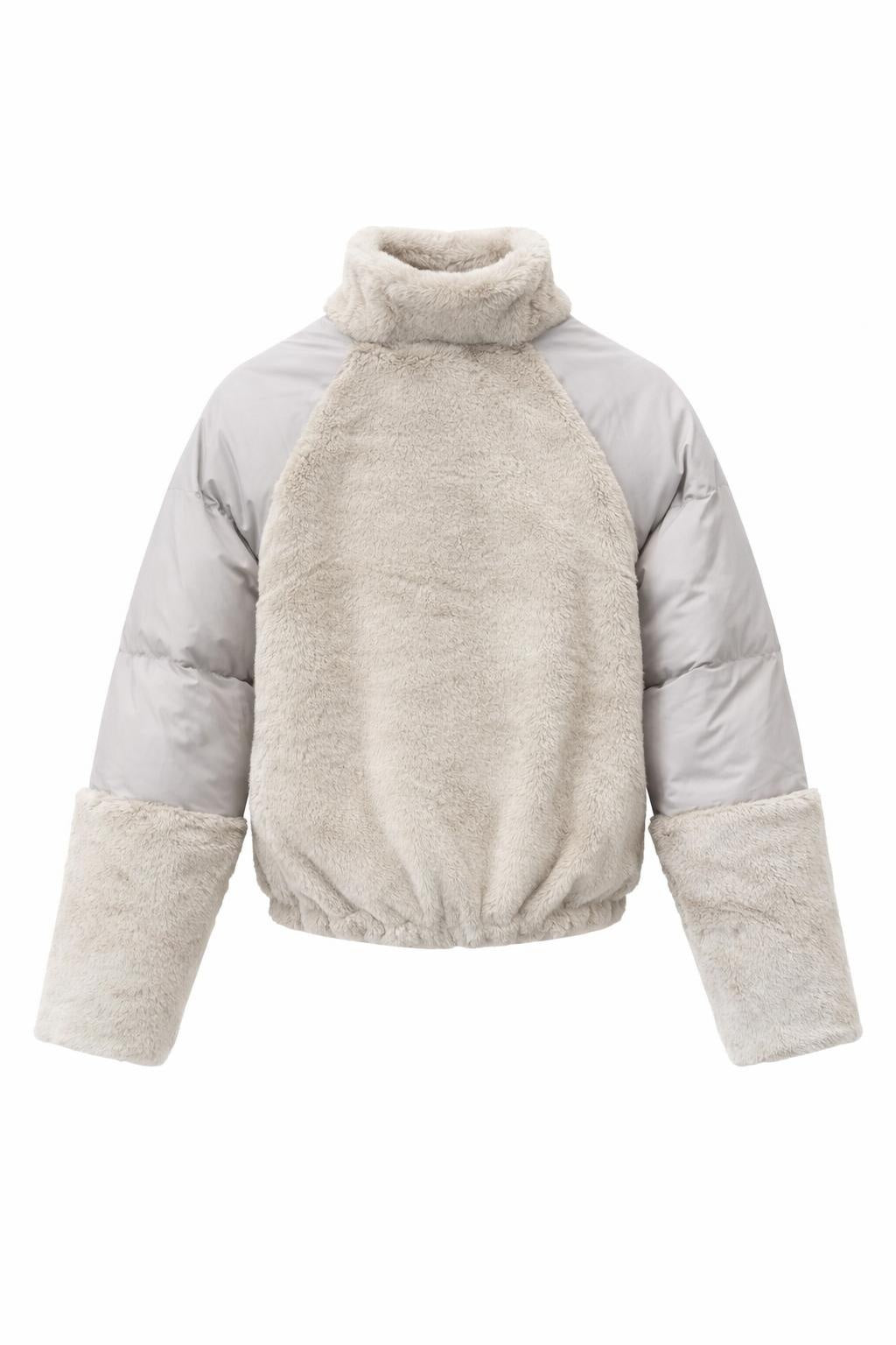 YAYA faux fur jacket with padded nylon sleeves in sand beige back view