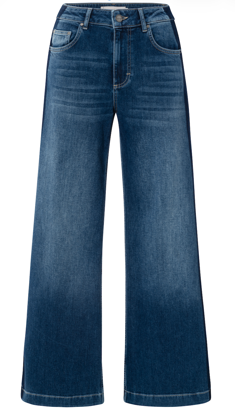 YAYA high-waisted loose fit wide leg dark blue denim jeans with contrast stitching and faded detailing