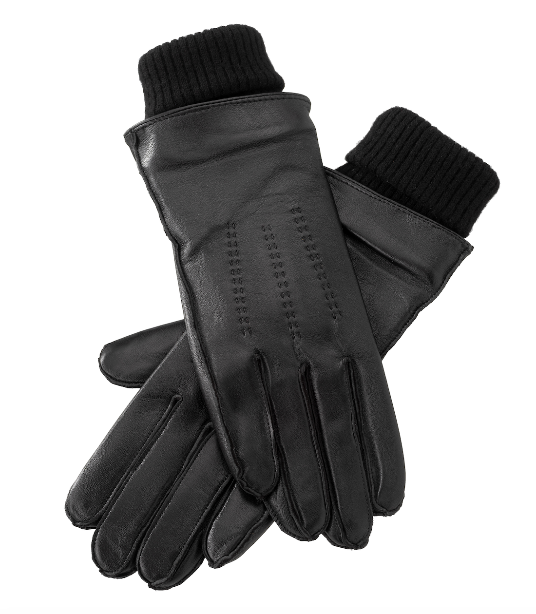 YAYA leather gloves in black with ribbed knitted cuff