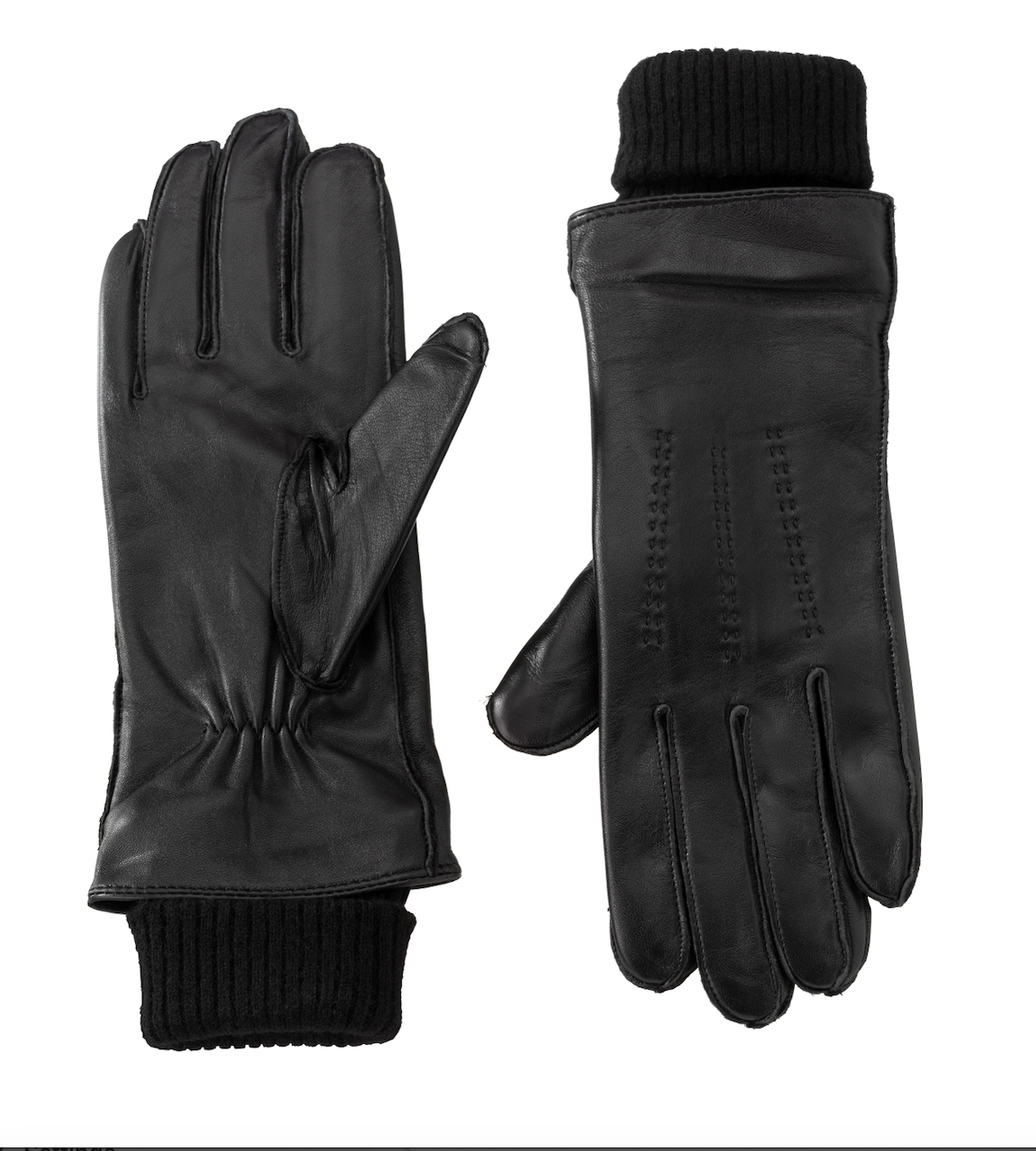 Close-up view of YAYA black leather gloves with stitched detailing