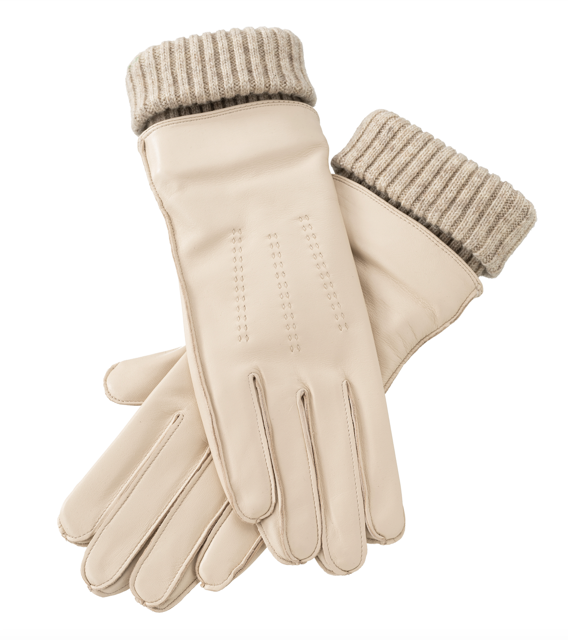 Close view of YAYA sand beige leather gloves with stitched detailing