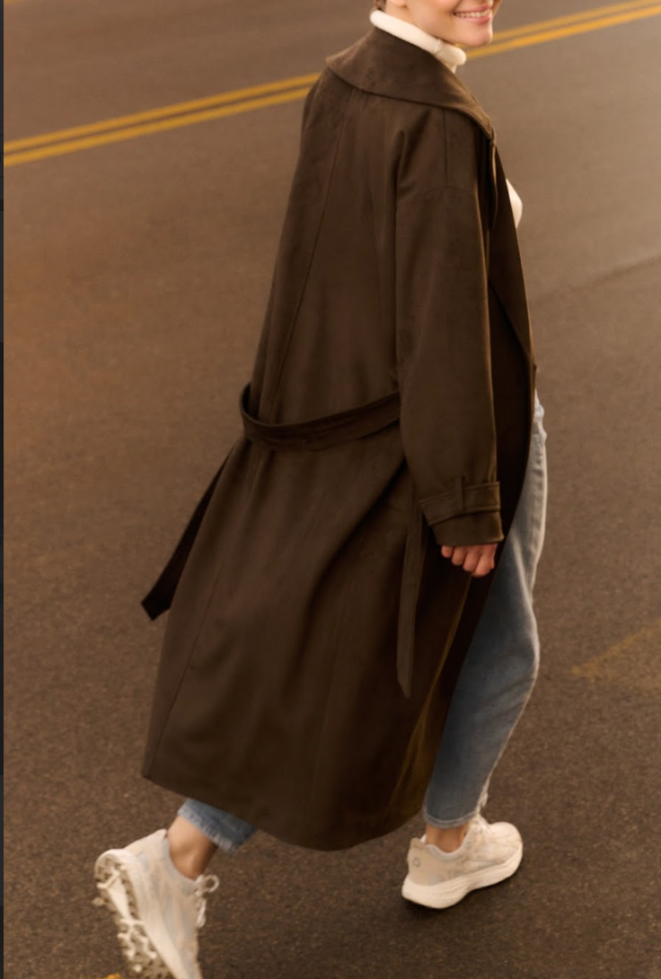 YAYA long oversized suedine coat in olive brown styled on model