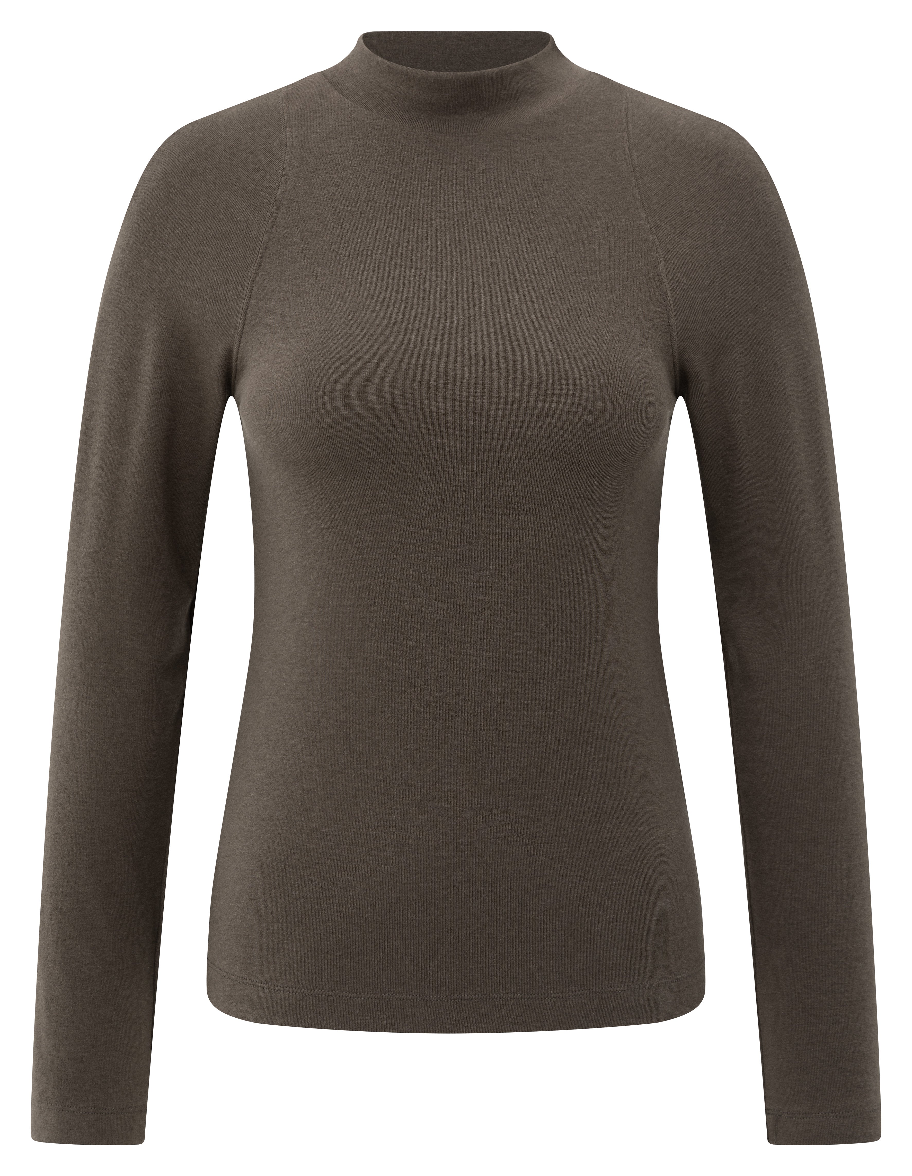 YAYA long sleeve mock neck top in brown with a fitted silhouette and mock neckline