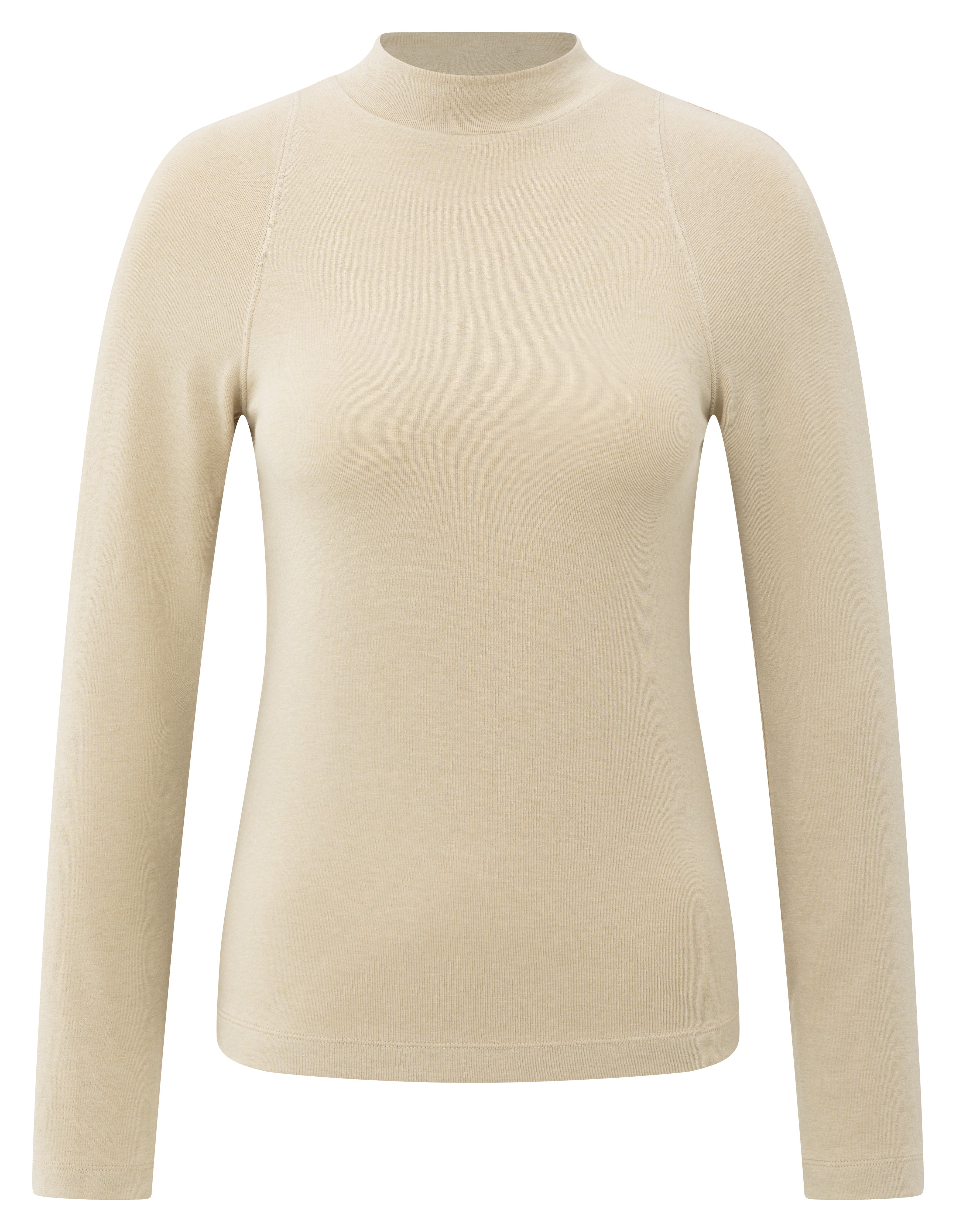 YAYA long sleeve mock neck top in sand beige melange with a fitted silhouette and soft stretch jersey fabrics