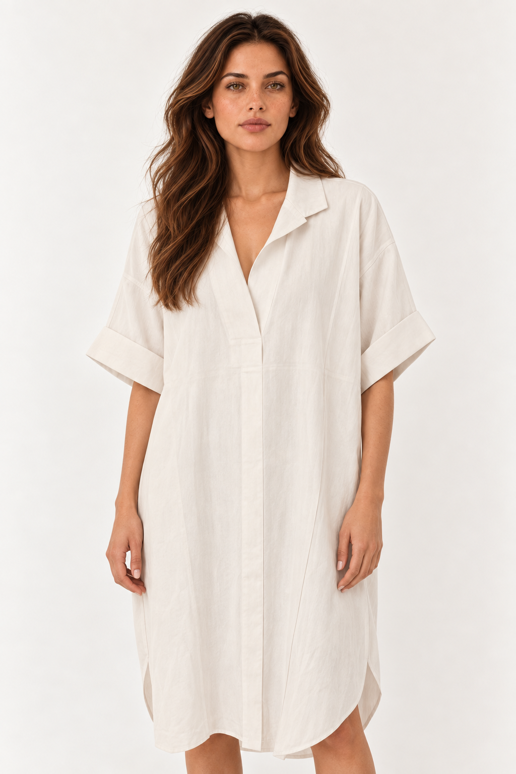 YAYA Notched Collar Dress in Cloud Creme White close-up model view showing notched collar and cuffed sleeves