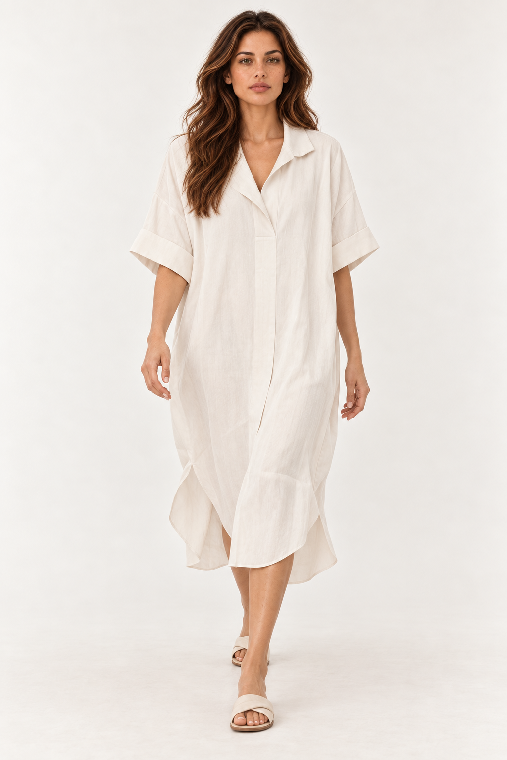 YAYA Notched Collar Dress in Cloud Creme White styled walking model view