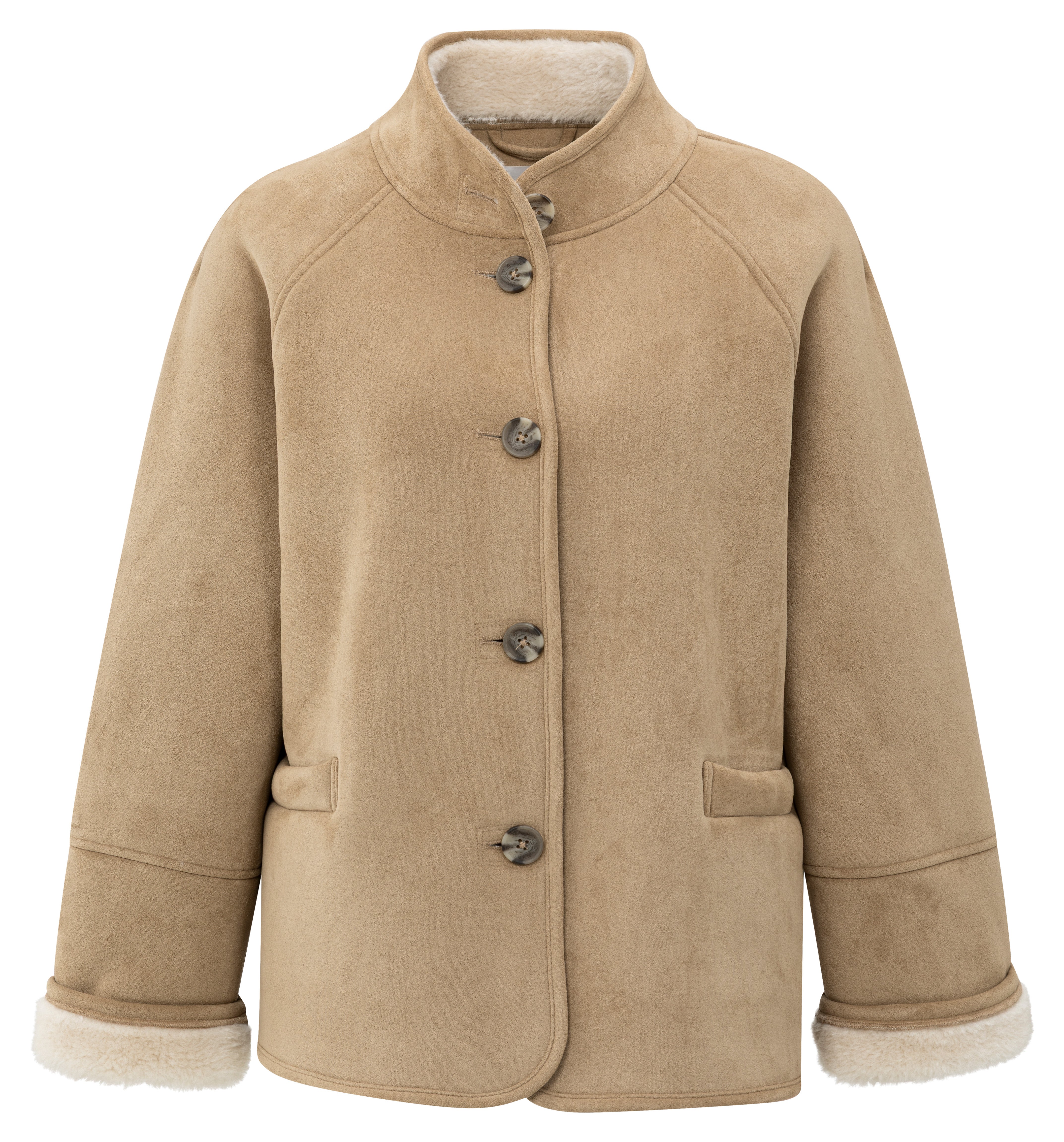 YAYA oversized faux lammy coat in sand with raglan sleeves, stand collar and soft shearling-inspired lining