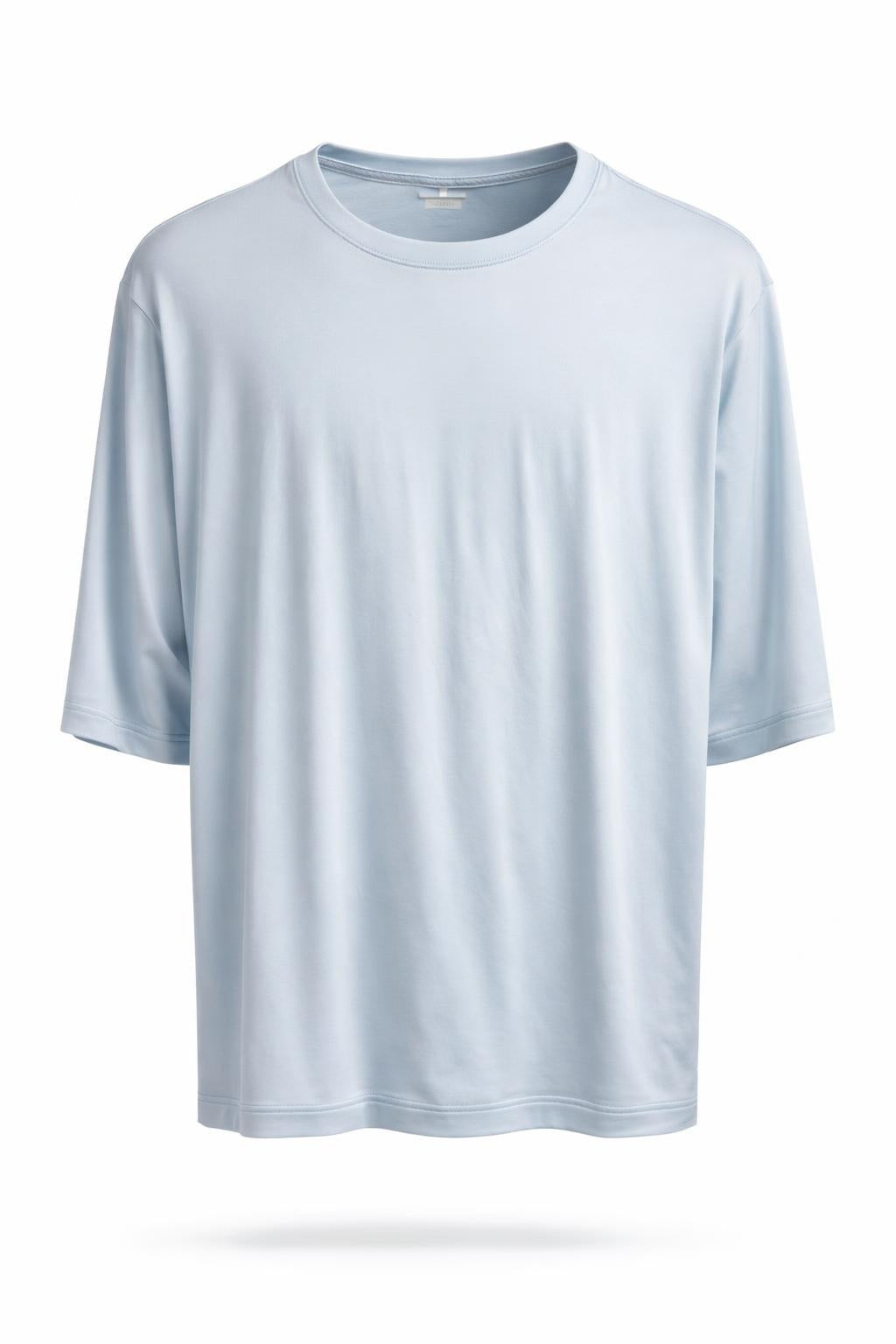 YAYA Oversized Satin T-Shirt in Light Blue relaxed women's top front view