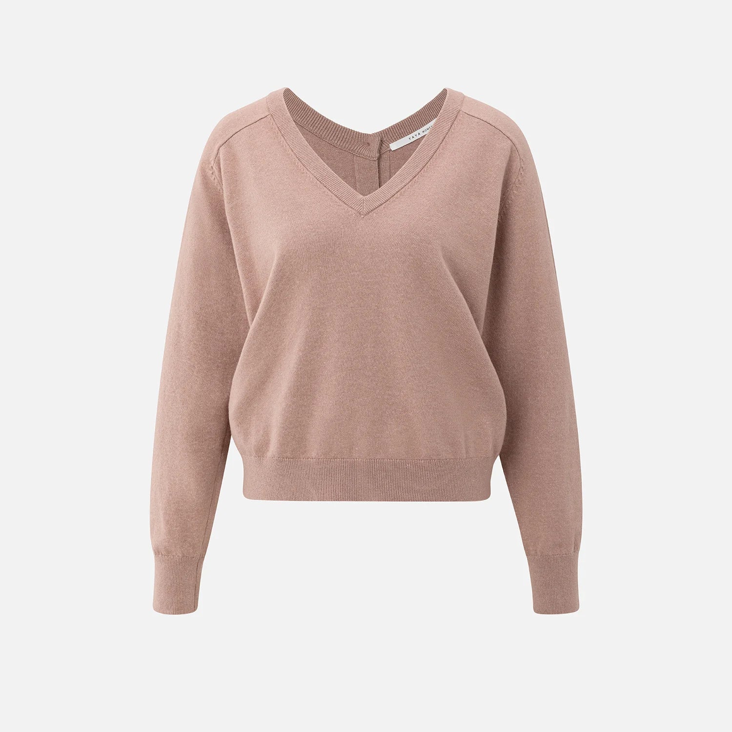 YAYA reversible V-neck knit cardigan in rose smoke worn with V-neckline at the front