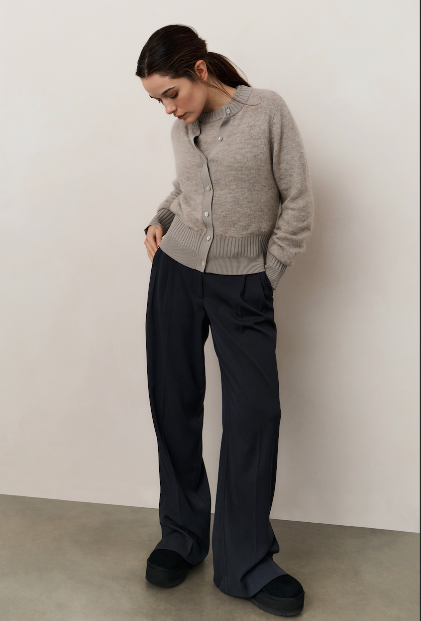 YAYA grey melange rib detail cardigan styled with wide leg trousers