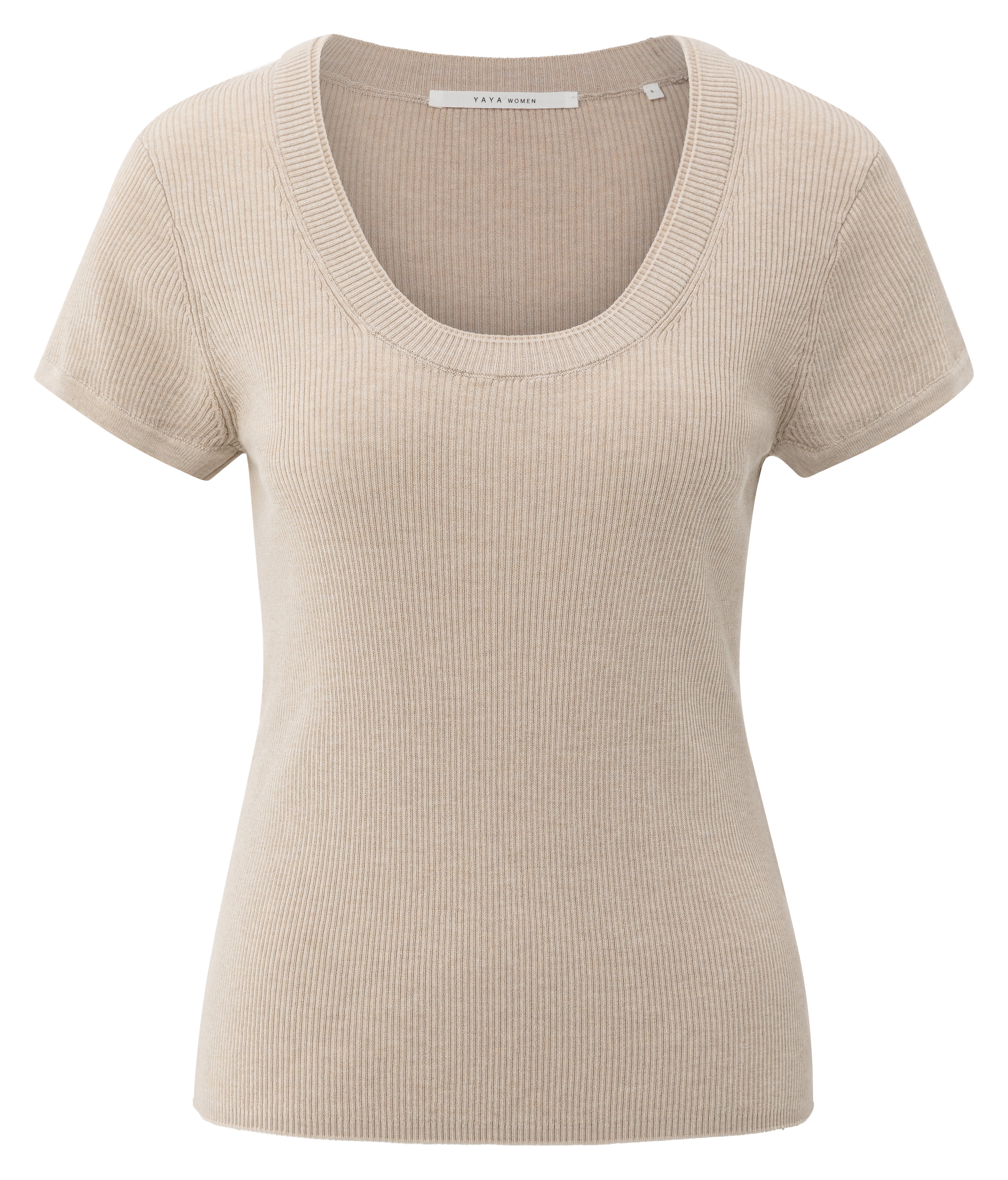 YAYA beige rib short sleeve sweater with scoop neckline and fitted silhouette