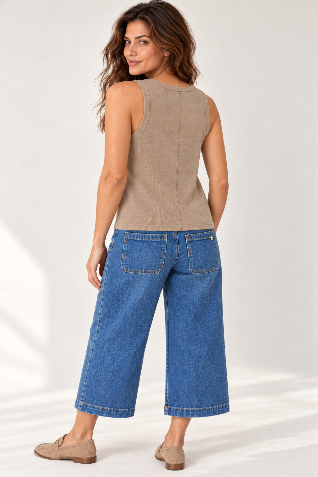 Back view of YAYA tan brown ribbed singlet showing fine ribbed texture, centre back seam and sleeveless cut