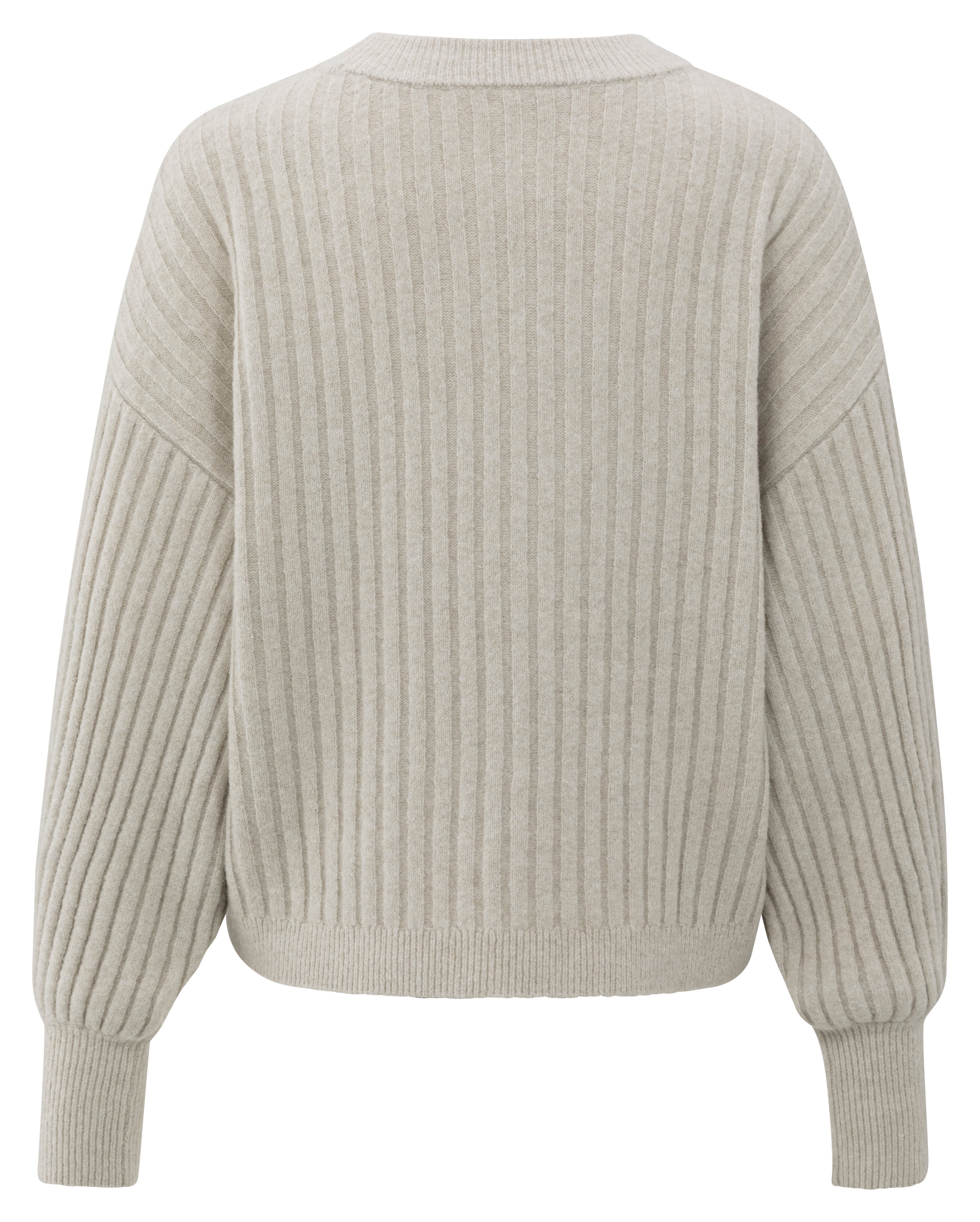 Back view of the YAYA Rib Sweater in Cloud Grey showcasing the soft ribbed knit, relaxed silhouette, dropped shoulders and long voluminous sleeves.