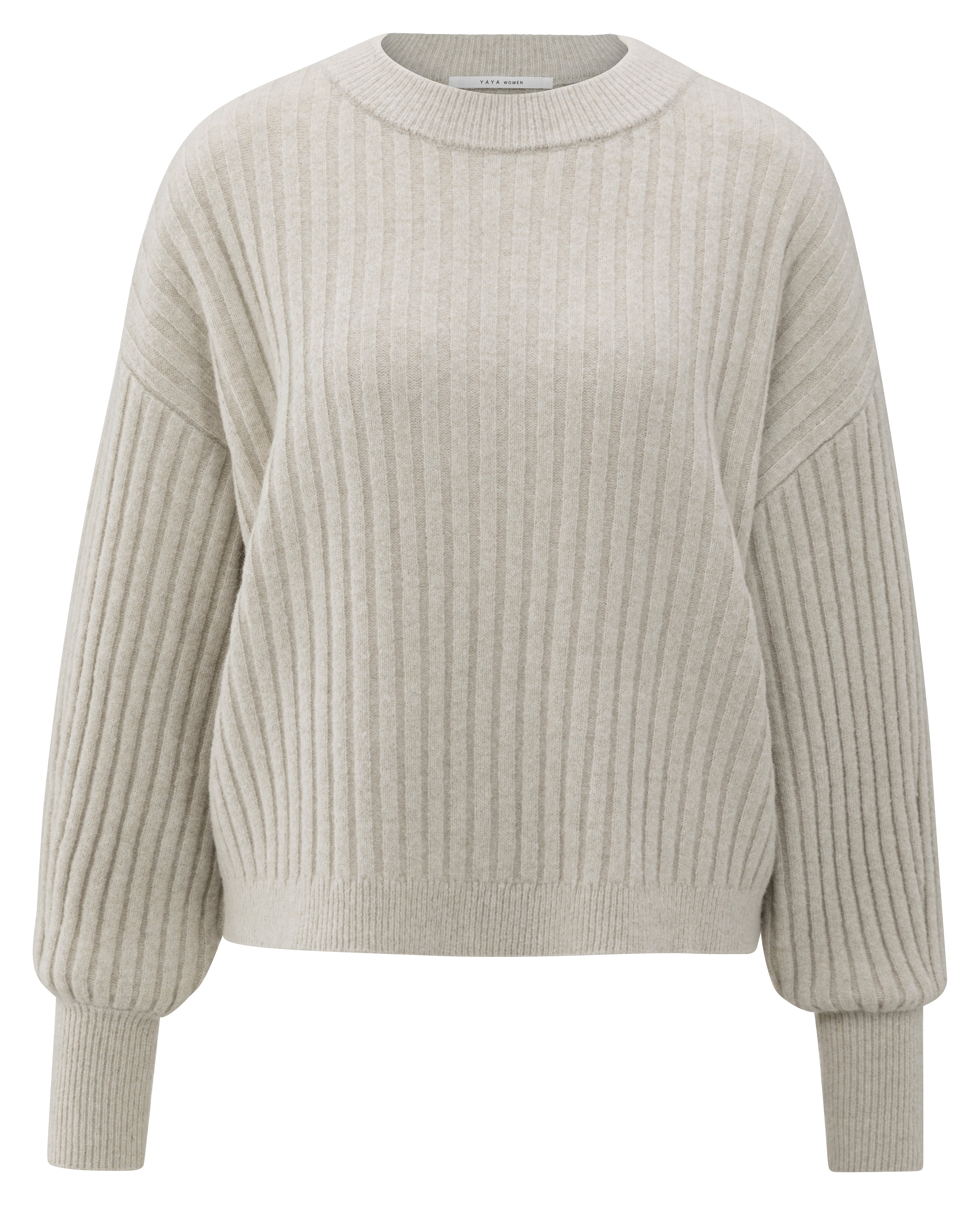 Front view of the YAYA Rib Sweater in Cloud Grey featuring a soft ribbed knit, relaxed fit, dropped shoulders, voluminous sleeves and a classic round neckline.