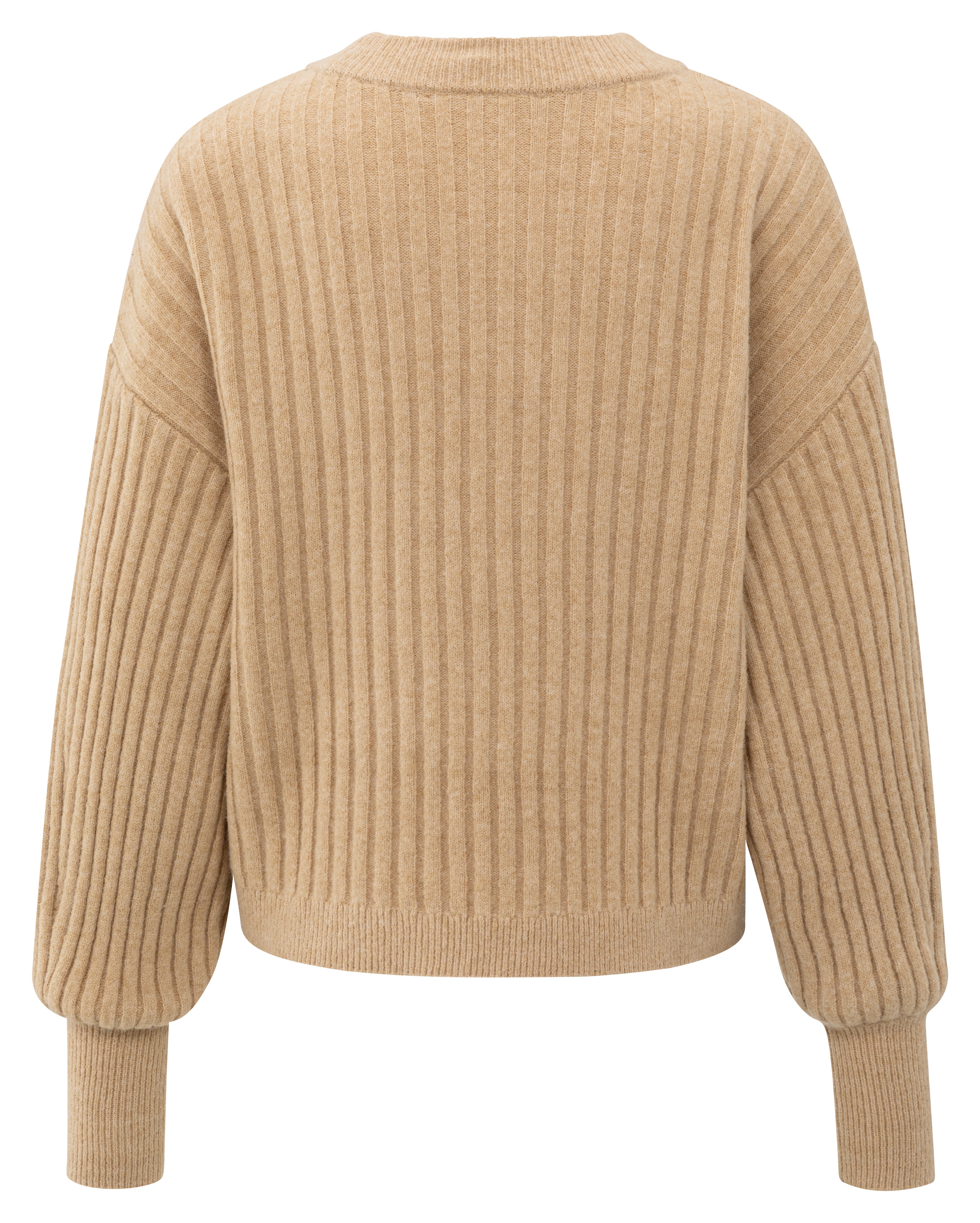 Back view of the YAYA Rib Sweater in Light Camel showcasing the soft ribbed knit, relaxed silhouette, dropped shoulders and long voluminous sleeves.