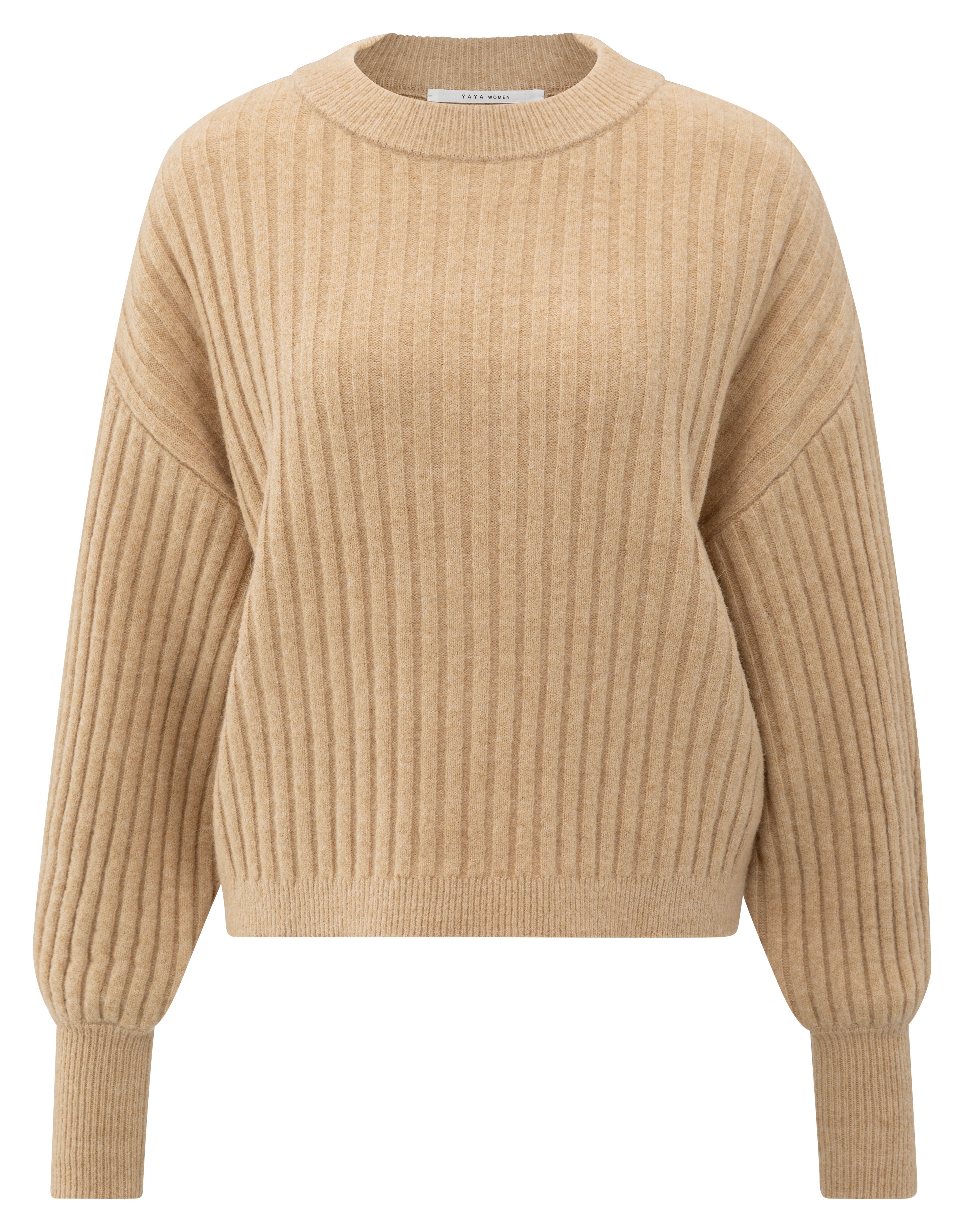 Front view of the YAYA Rib Sweater in Light Camel featuring a soft ribbed knit, relaxed fit, dropped shoulders, voluminous sleeves and a classic round neckline.
