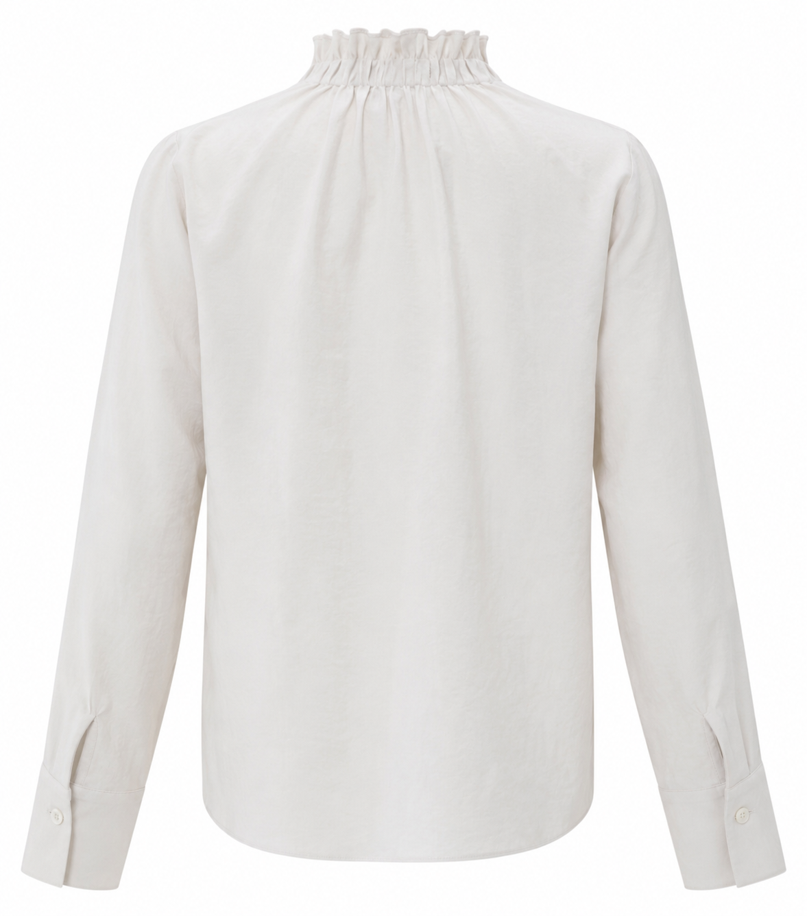 Back view of the YAYA Ruffled High Neck Top in Early Frost White with a gathered high neckline and buttoned cuffs.