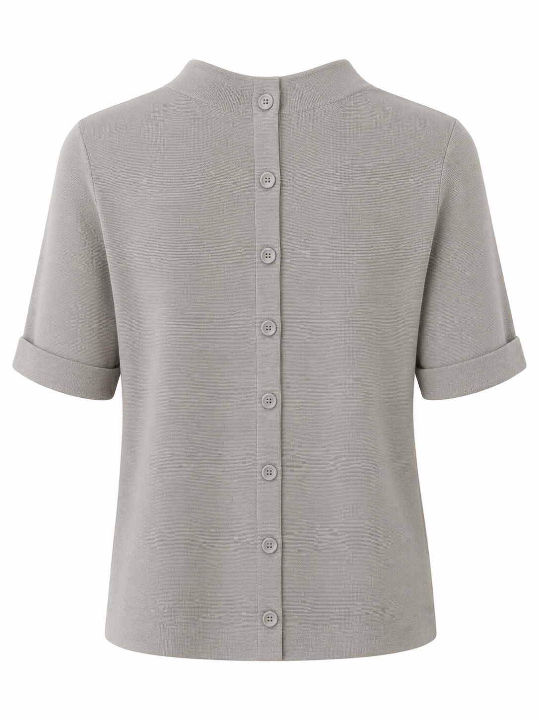 Front view of the YAYA Short Sleeve Sweater with Buttons at Back in Cloud Grey featuring a soft fine-knit fabric, high crew neckline, rolled short sleeves and centre seam detail.