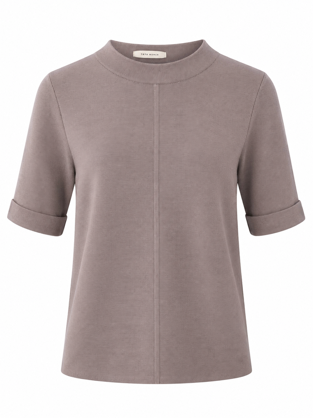 Front view of the YAYA Short Sleeve Sweater with Buttons at Back in Cloud Grey Purple featuring a fine-knit finish, round neckline, rolled short sleeves and centre seam detail.