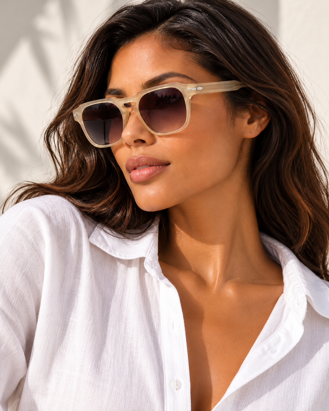 Close-up of YAYA Sofia Sunglasses in Kit Beige, showing translucent square frames, brown gradient lenses and silver-tone detailing