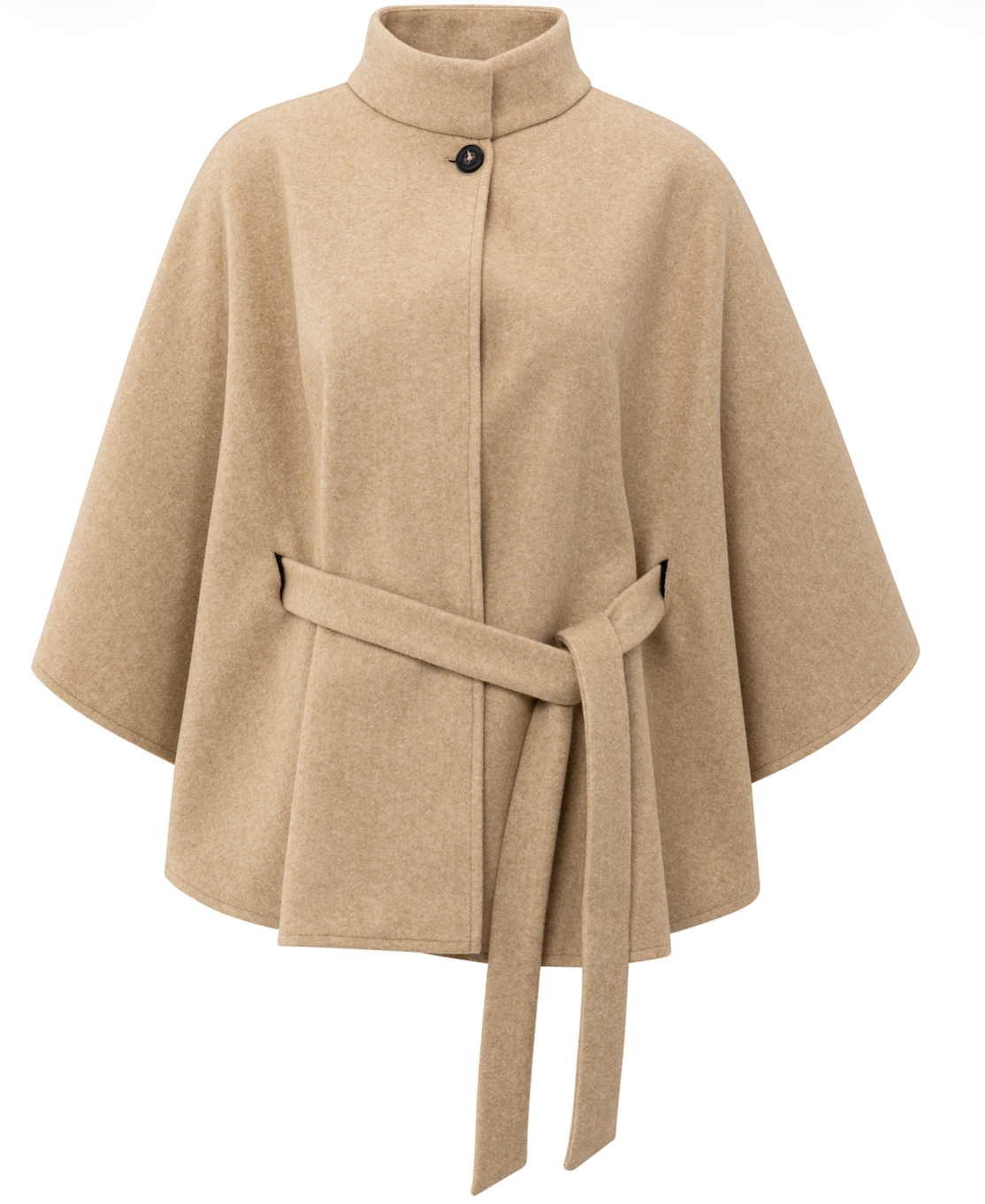 YAYA soft woven camel poncho with stand collar and self-tie belt