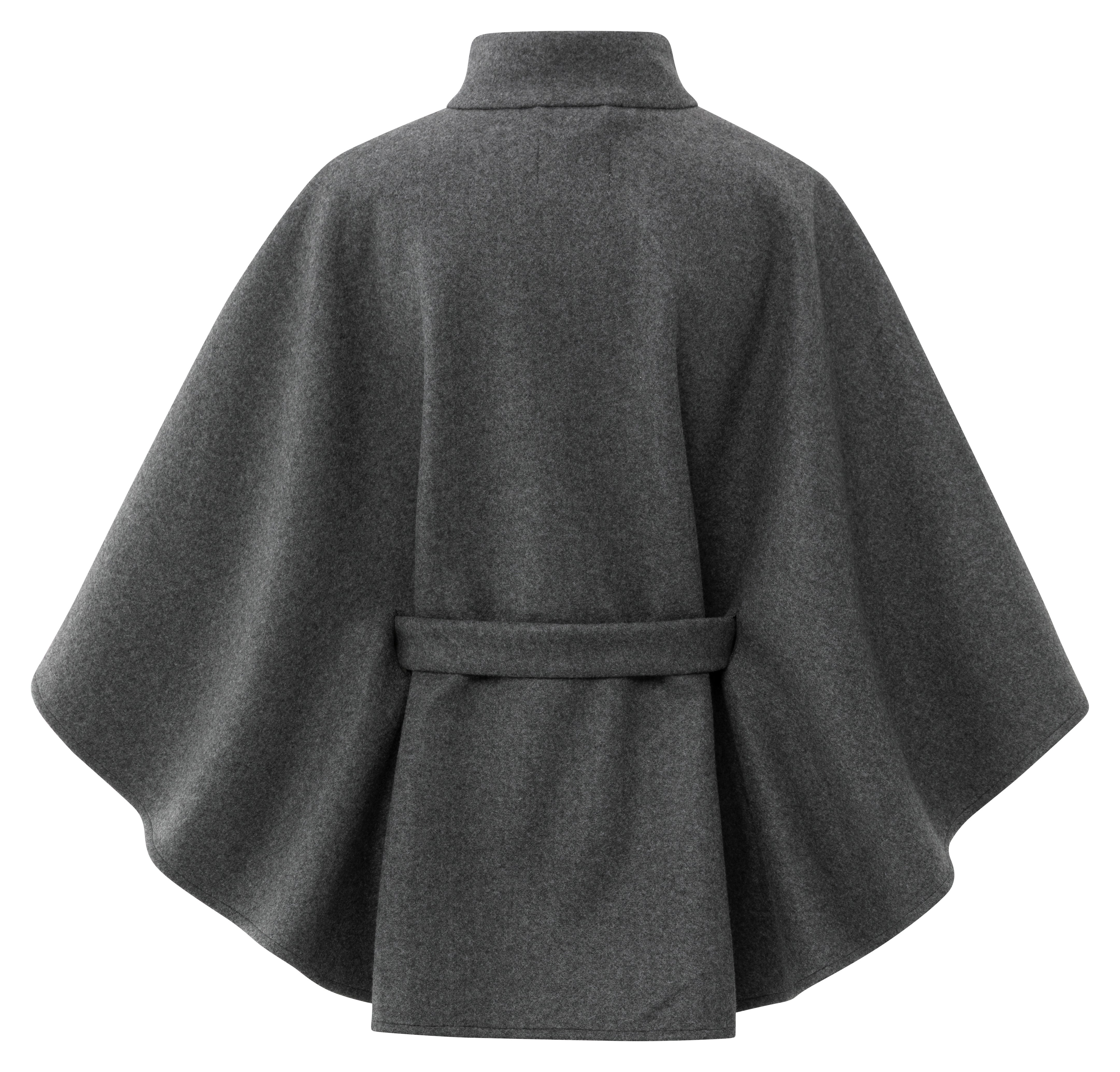 YAYA soft woven charcoal poncho with stand collar and self-tie belt