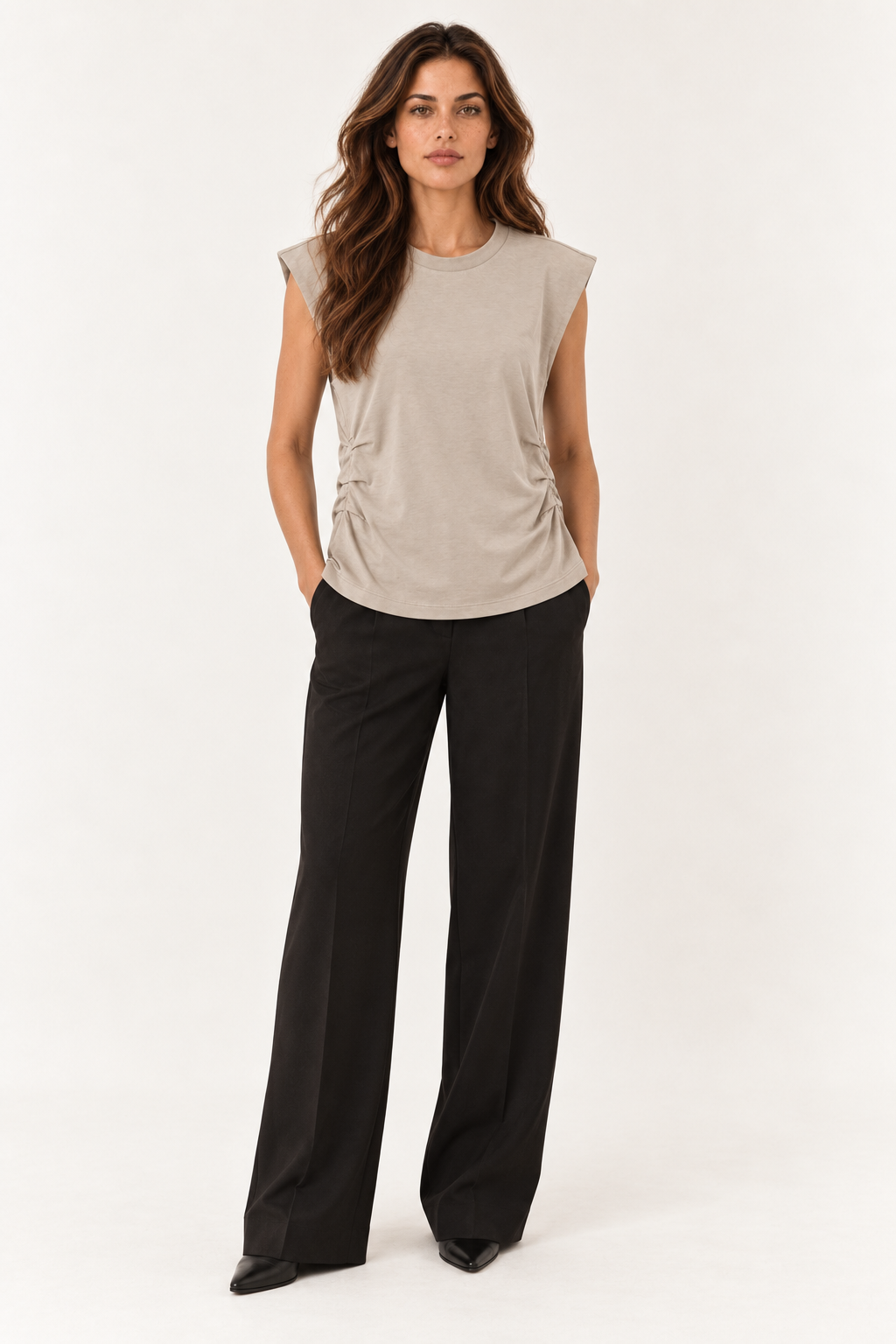 Model wearing the YAYA pleated side top in Crockery Brown, full length front view #Colour_Crockery Brown