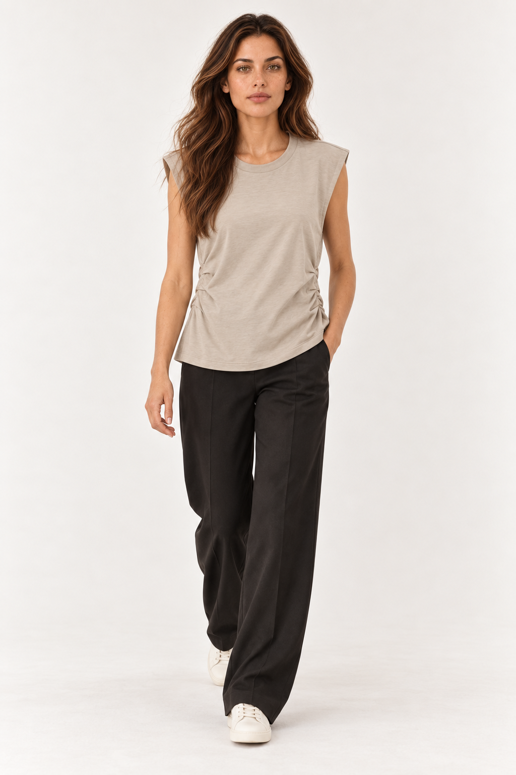 Model walking in the YAYA pleated side top in Crockery Brown #Colour_Crockery Brown