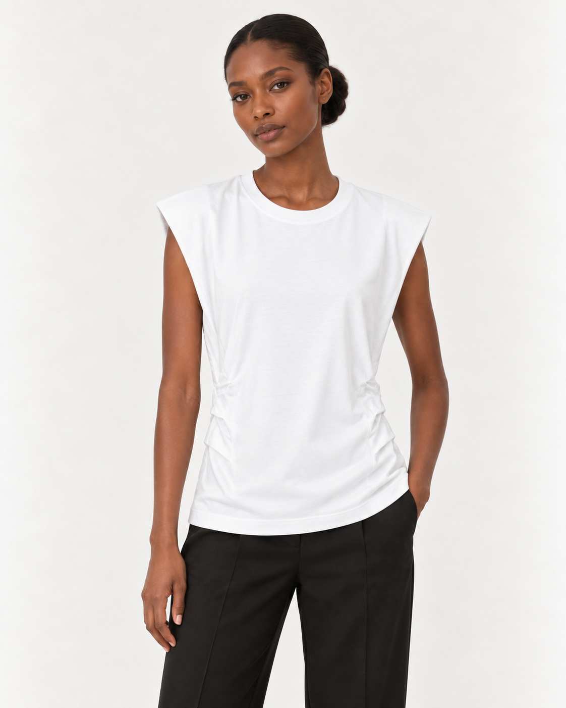 Close up of the pleated side seam on the YAYA pleated side top in Pure White #Colour_Pure White