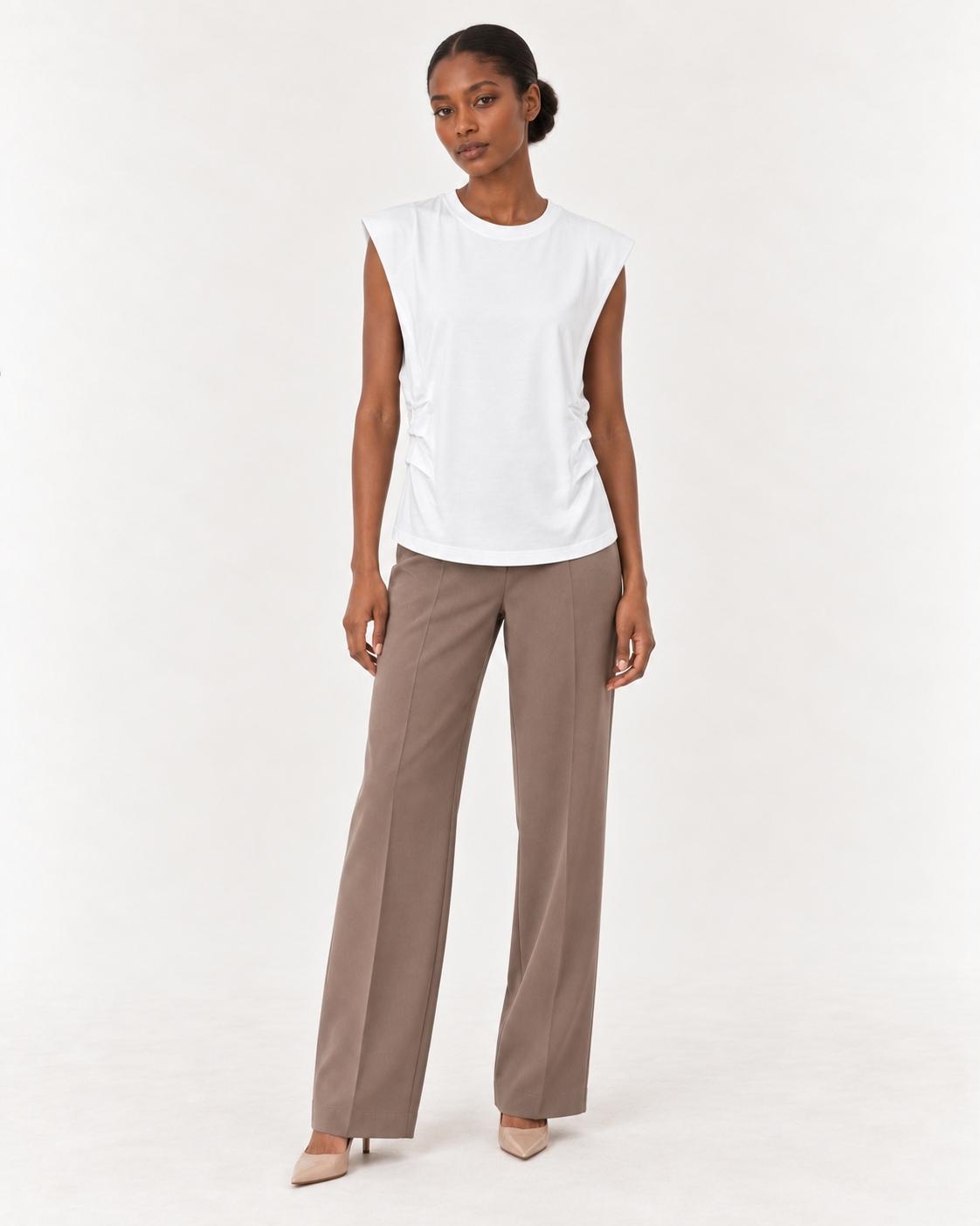 Model wearing the YAYA pleated side top in Pure White, full length front view #Colour_Pure White