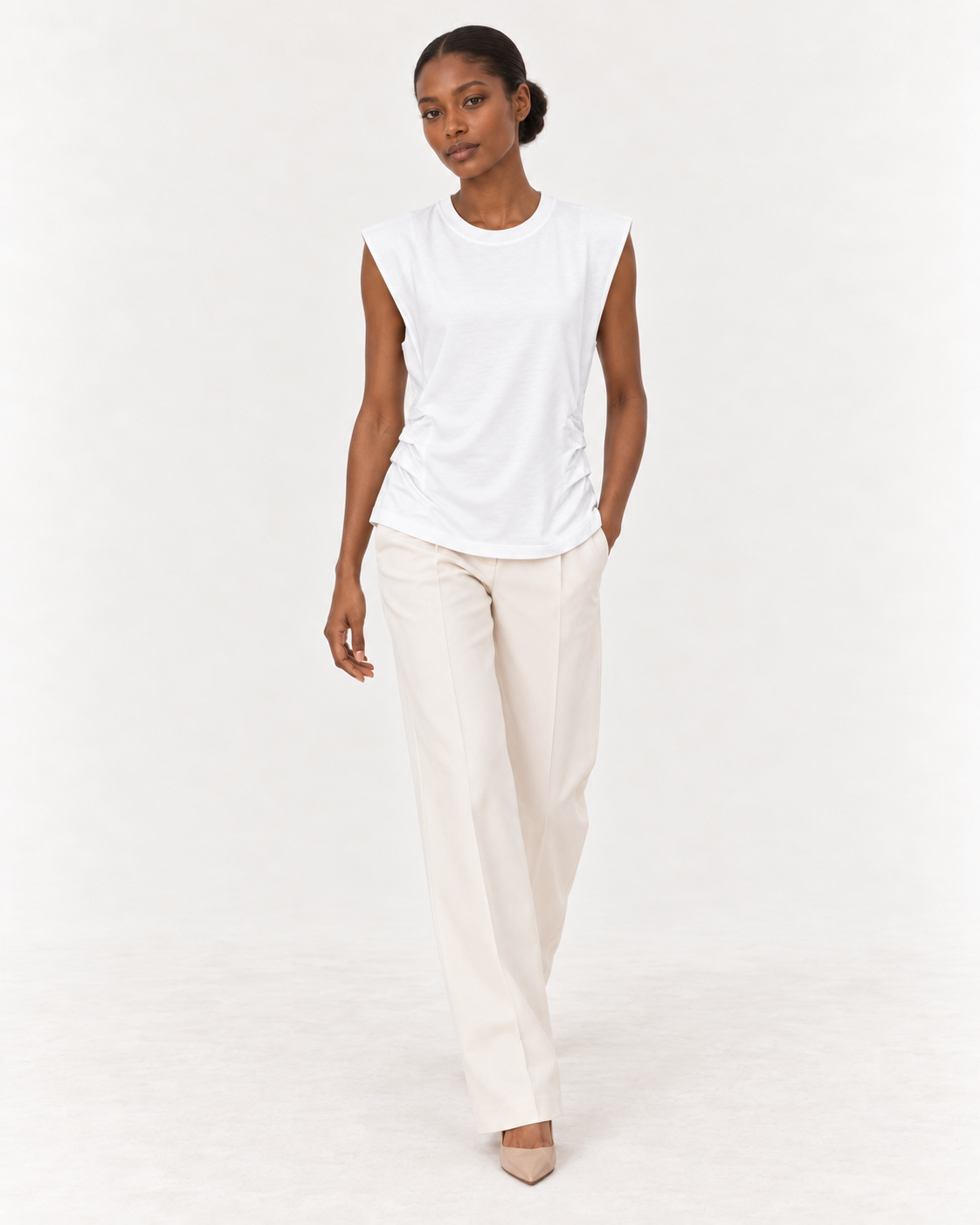 Model walking in the YAYA pleated side top in Pure White #Colour_Pure White