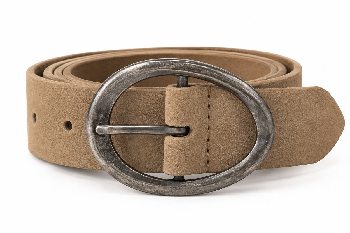 YAYA Suede Belt in Tan Brown, featuring a soft suede finish, adjustable holes and an organically shaped antique silver-tone oval buckle on a white background