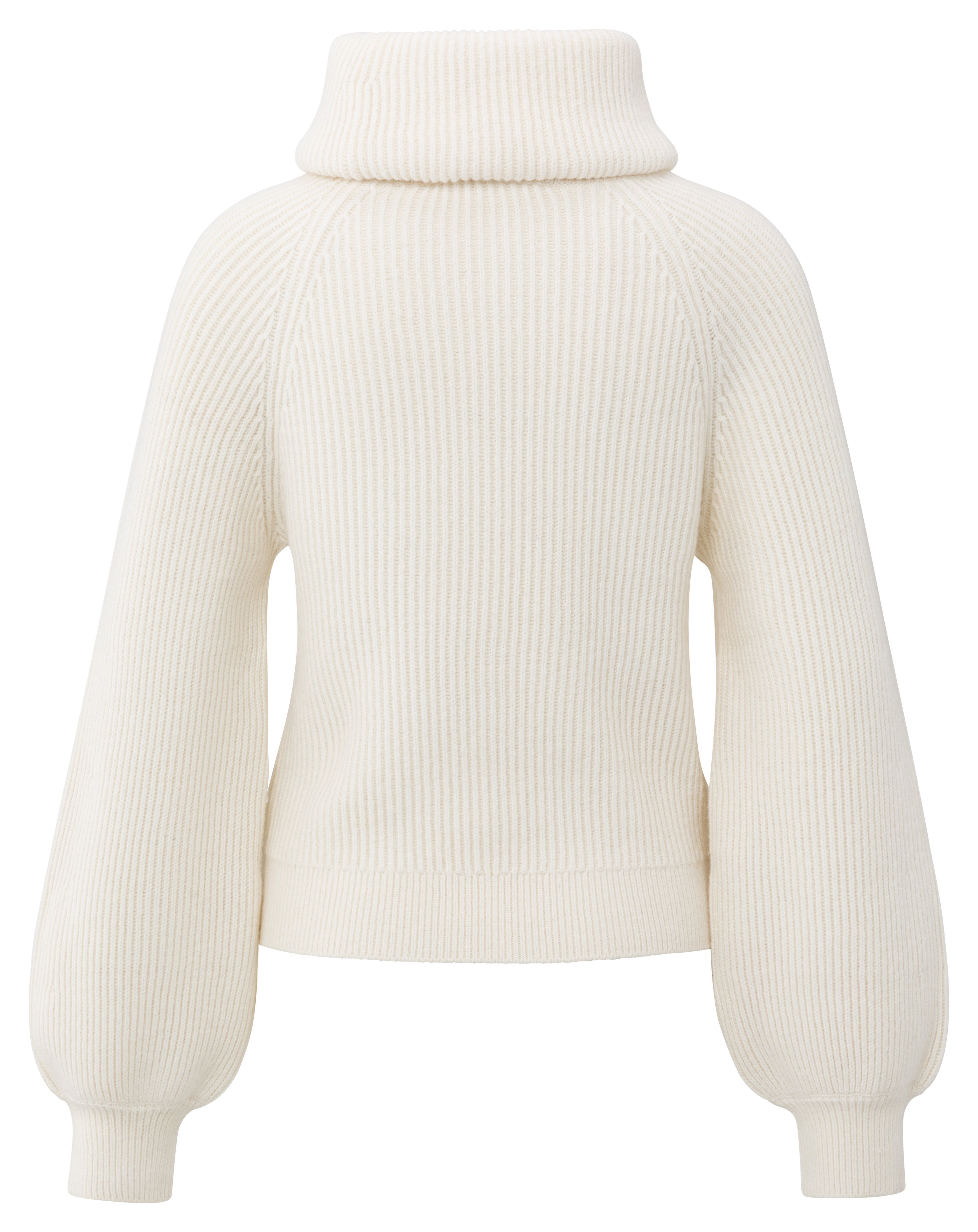 Back view of the YAYA Sweater with Wide Collar in Wool White featuring a chunky ribbed knit, oversized turtleneck collar, raglan sleeves and voluminous balloon sleeves.