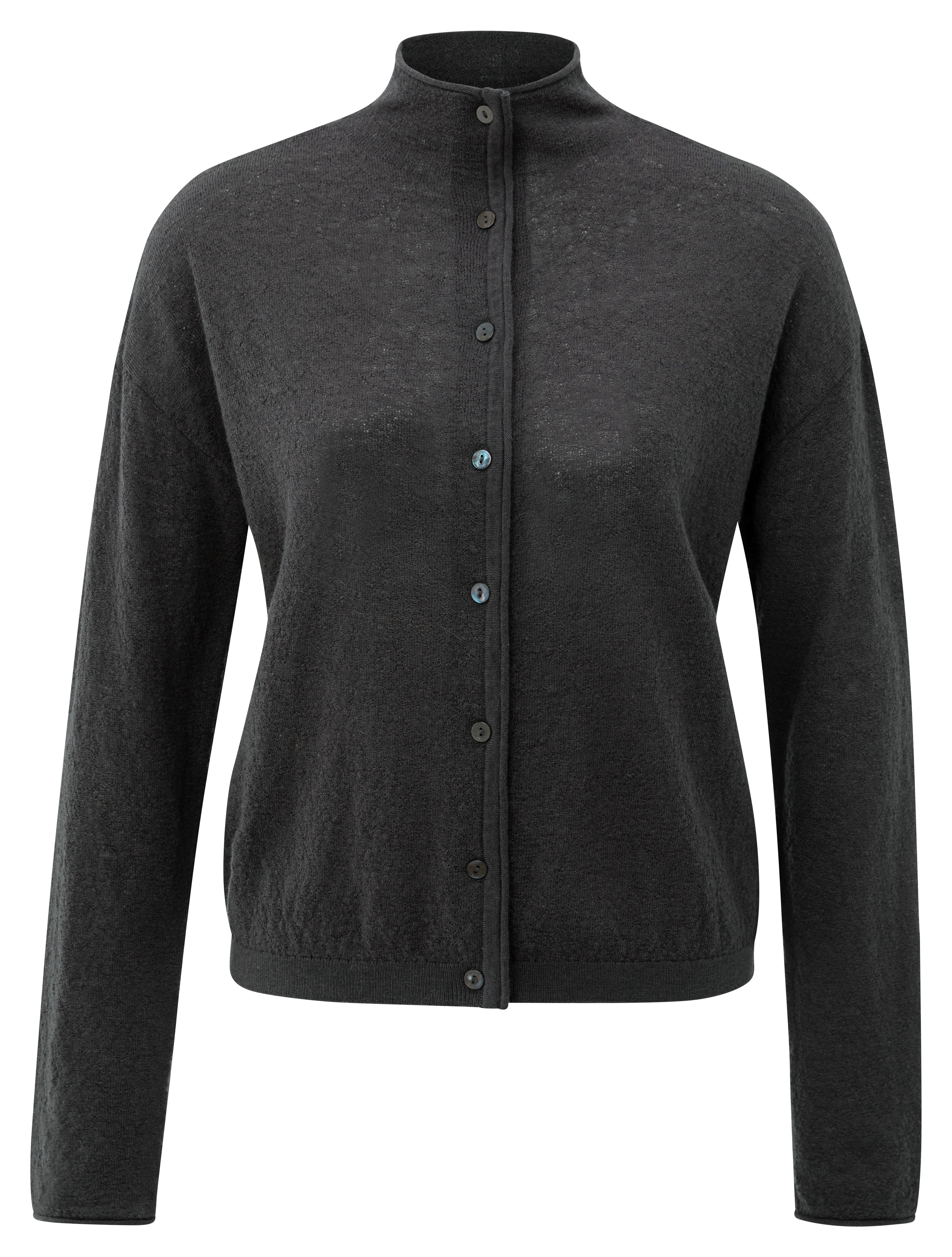 YAYA textured cardigan with high neckline in oyster black front view
