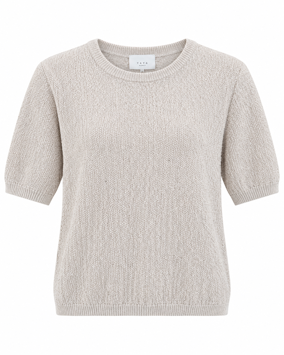 YAYA Textured Short Sleeve Knit in Desert Beige Dessin, front product view