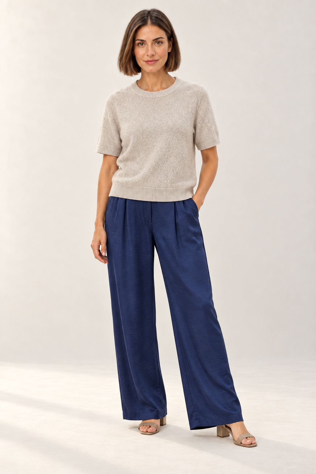 YAYA Textured Short Sleeve Knit in Desert Beige Dessin worn by model, full-length front view