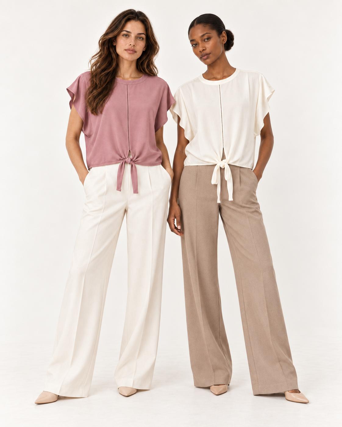 Two models wearing the YAYA Knot Hem Top, one in Burlwood Pink and one in Ivory White