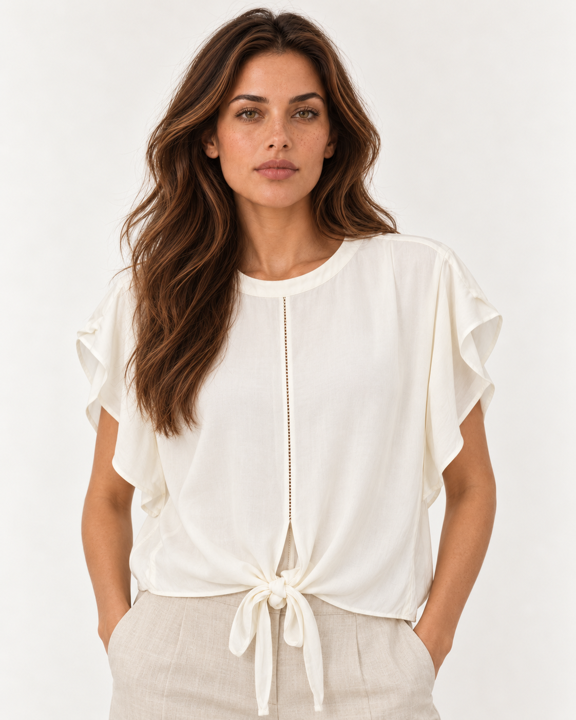 Close view of the YAYA Knot Hem Top in Ivory White, showing the openwork ladder stitch down the centre front #Colour_Ivory White