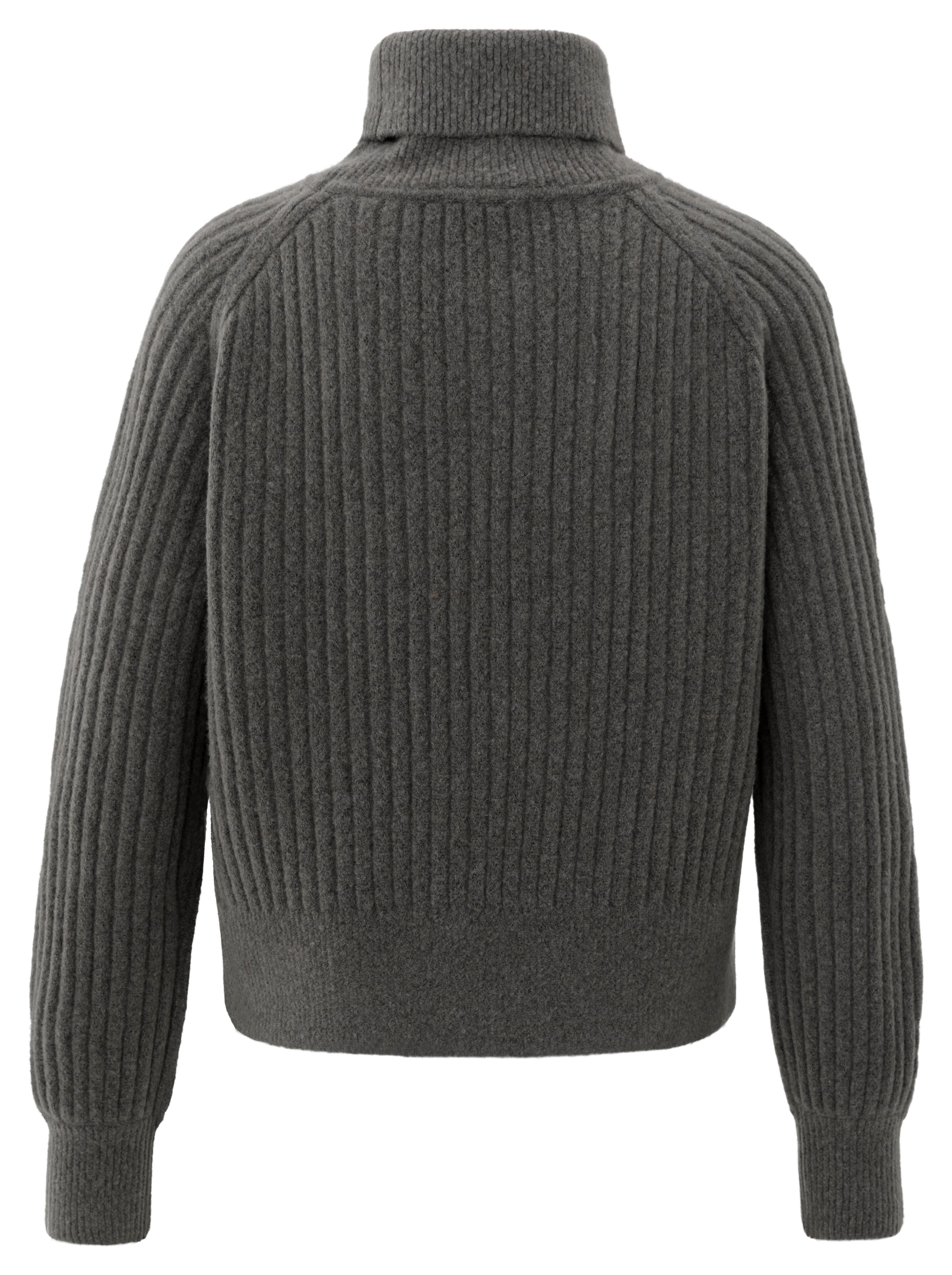 Back view of the YAYA Turtle Neck Sweater with Cable in Dark Taupe Grey Melange featuring a soft ribbed wool-blend knit, central cable detail, raglan sleeves and a classic roll-neck.
