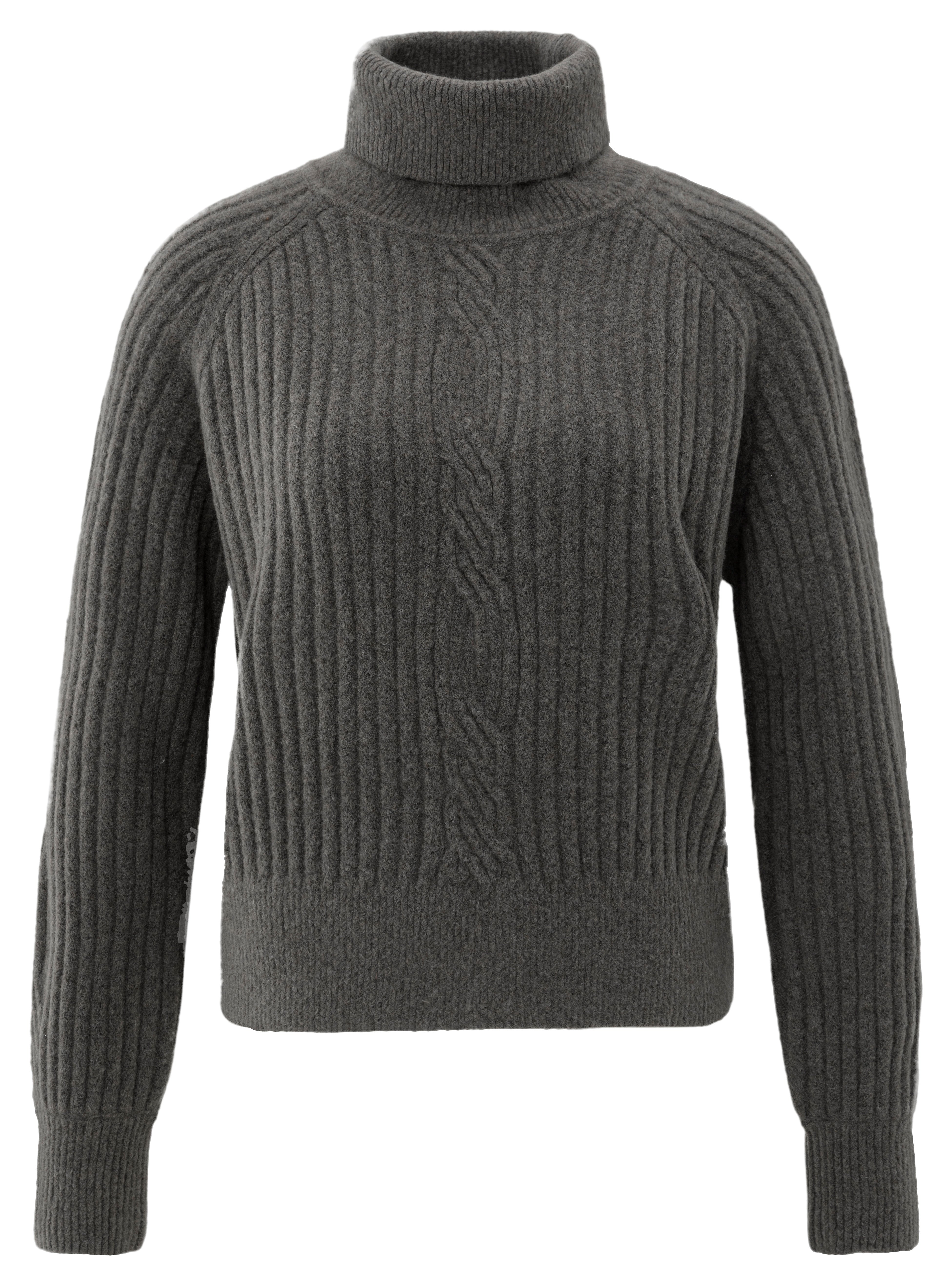 Front view of the YAYA Turtle Neck Sweater with Cable in Dark Taupe Grey Melange featuring a soft ribbed wool-blend knit, central cable detail, raglan sleeves and a classic roll-neck.