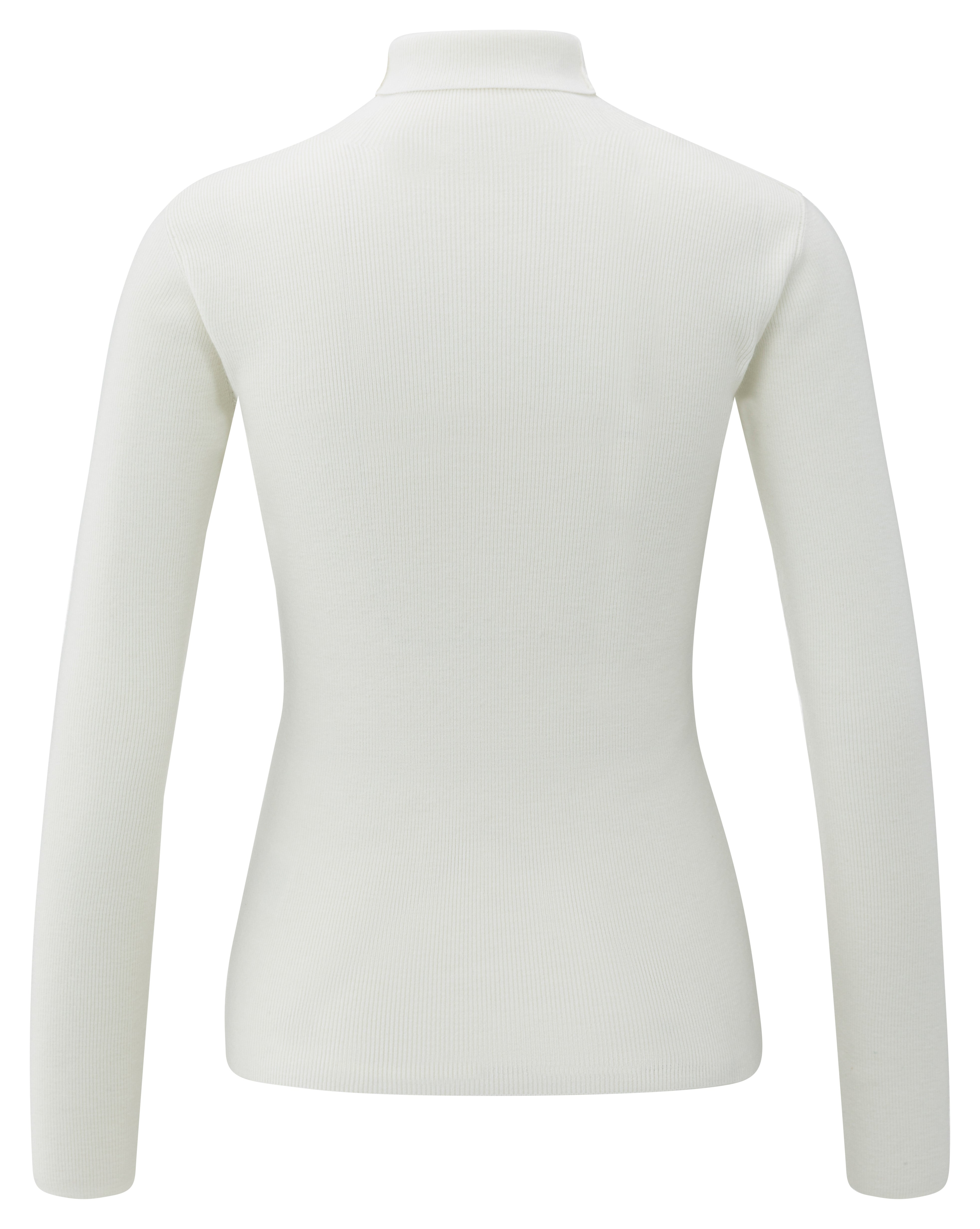 Back view of the YAYA Turtle Rib Fitted Sweater in Early Frost White featuring a soft stretch rib knit, slim fitted silhouette, long sleeves and a classic turtleneck.