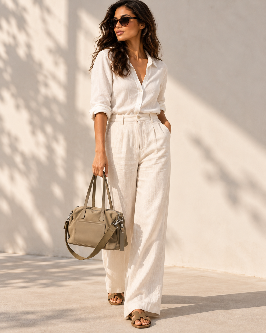 Model carrying the YAYA Utility Bag in Sandstone Beige, styled with a white linen shirt, wide-leg trousers and neutral sandals