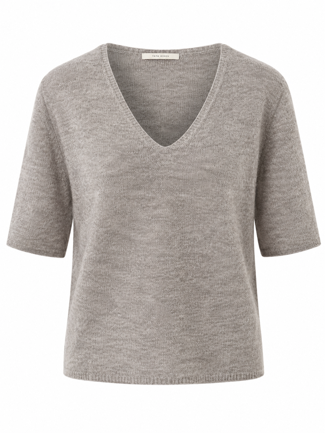 Front view of the YAYA V-Neck Short Sleeve Sweater in Cloud Grey Melange Yarn featuring a soft fine-knit texture, relaxed fit and flattering V-neckline.