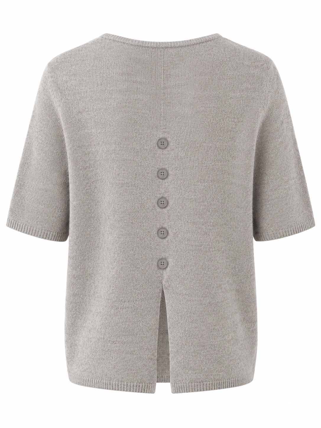 Back view of the YAYA V-Neck Short Sleeve Sweater in Taupe Grey Melange Yarn showcasing the elegant button-back detail and relaxed fit.