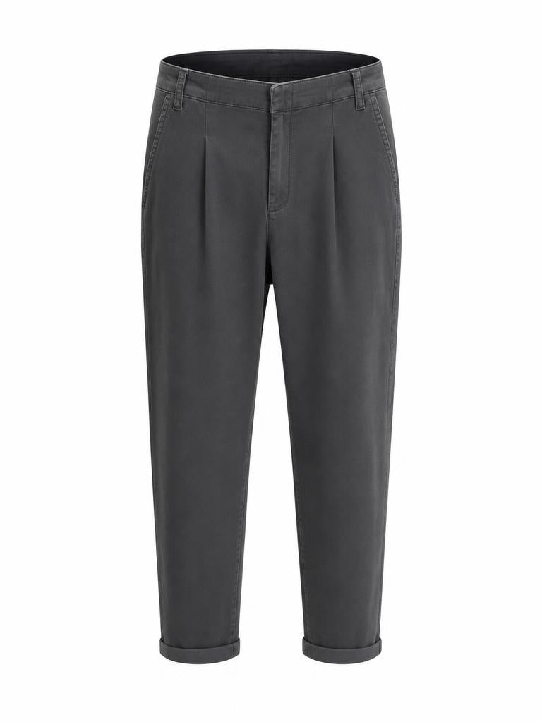 YAYA woven loose fit tapered trousers in oyster black with front pleats and rolled cuffs