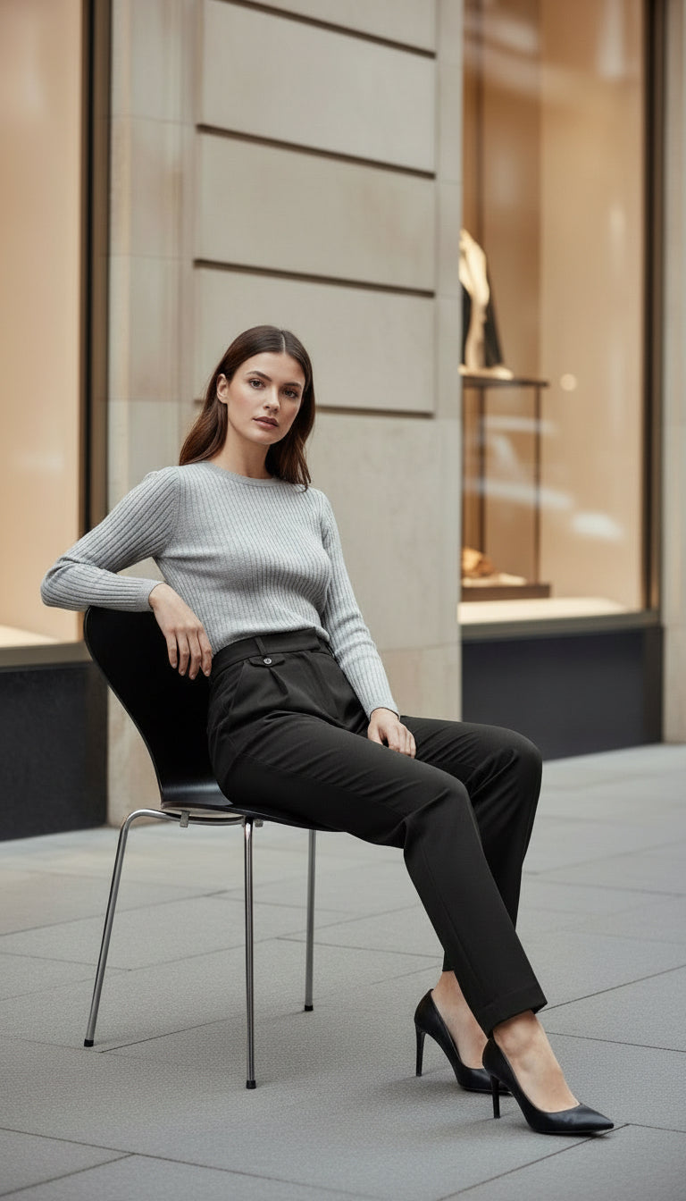 YAYA woven wide leg trousers in oyster black styled with knitwear