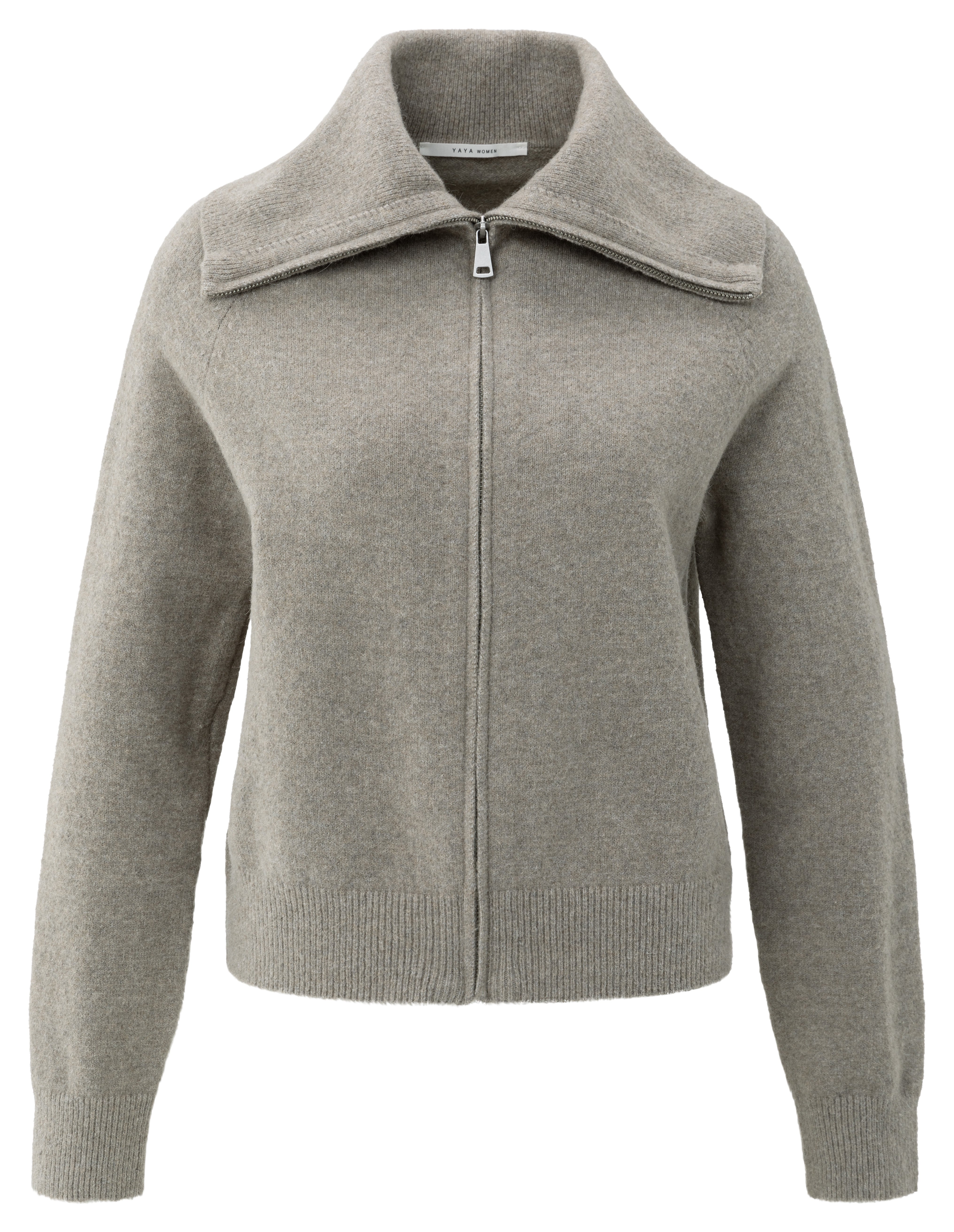 YAYA zip cardigan with wide collar in grey melange front view